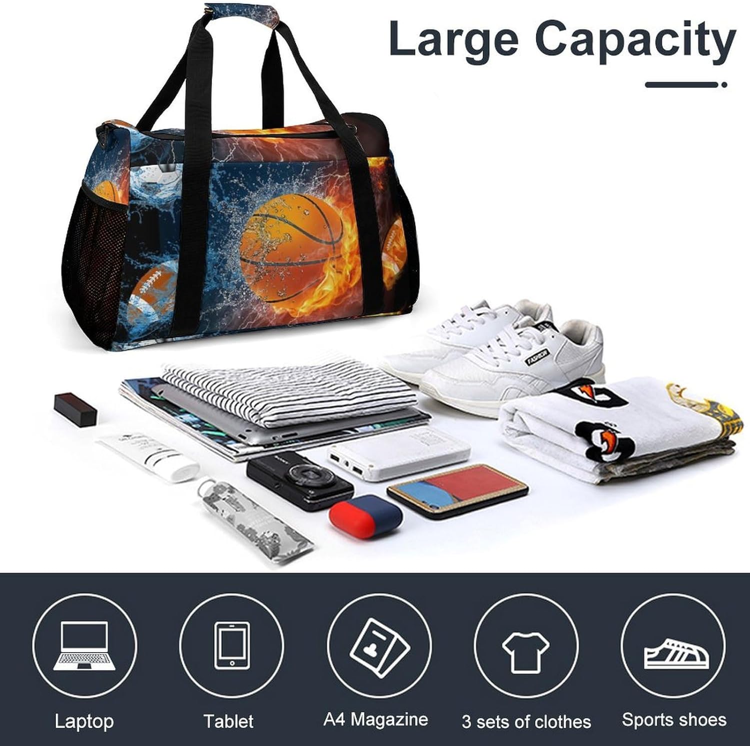 サッカー バスケットボール 水と火 旅行バッグ キャリーオンバッグ ボストンバッグ スポーツバッグ 大容量 収納 出張 シューズ収納