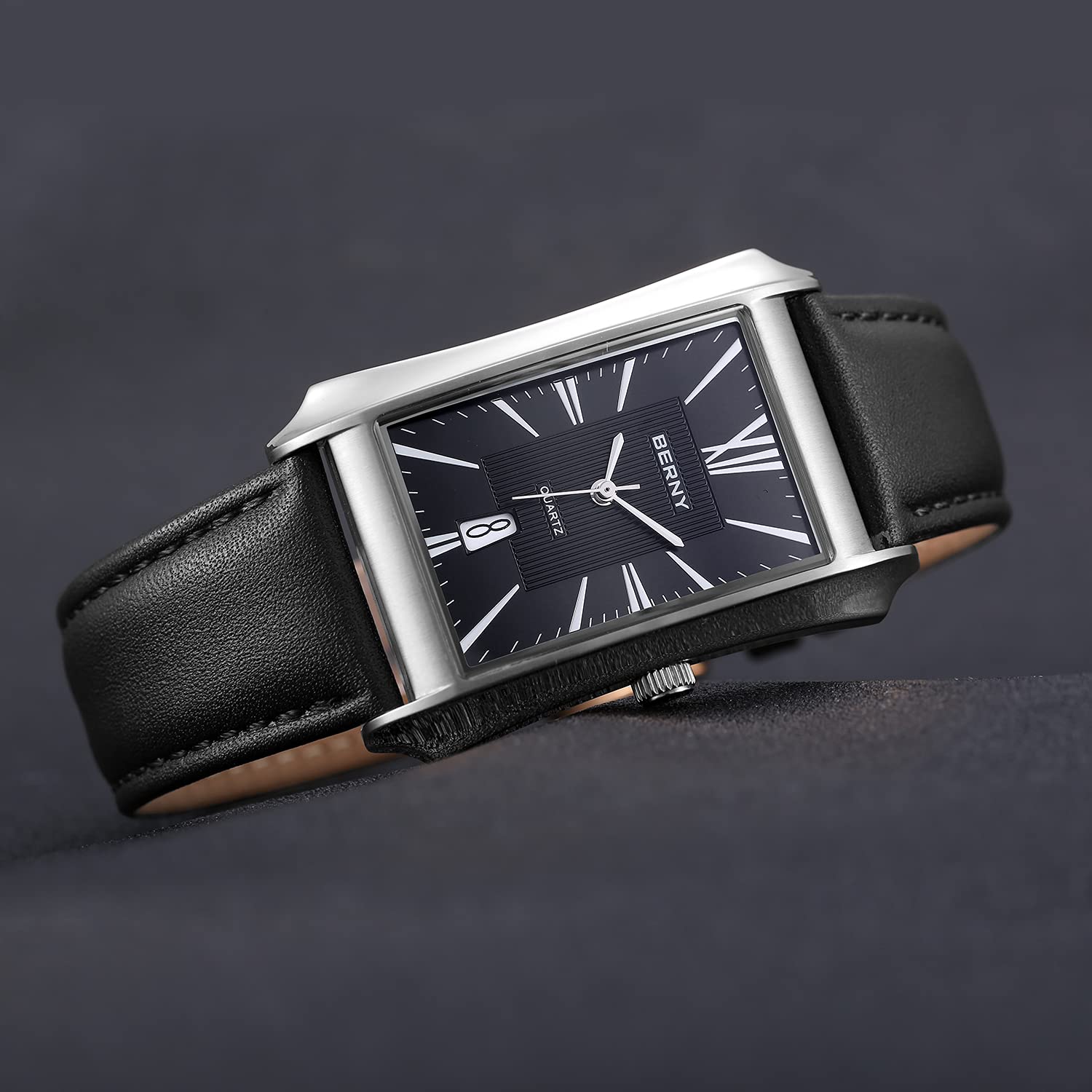 BERNY Orologi da uomo casual al quarzo cassa in acciaio inossidabile con cinturino in pelle rettangolare orologi da uomo (nero, bianco, grigio, oro rosa)