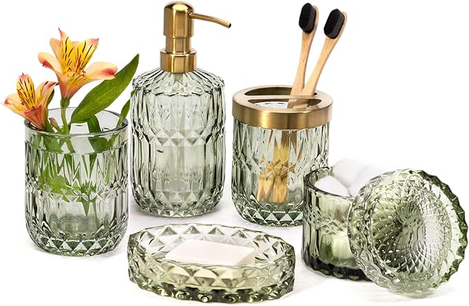 EMPO 6PCS Bathroom Clear Glass Accessories Set (Lotion Soap Dispenser, Soap Dish, Toothbrush Holder, Tumbler, Cotton Swab Jar), Contemporary Modern Decor Crystal Vintage Gift (6pcs Green)