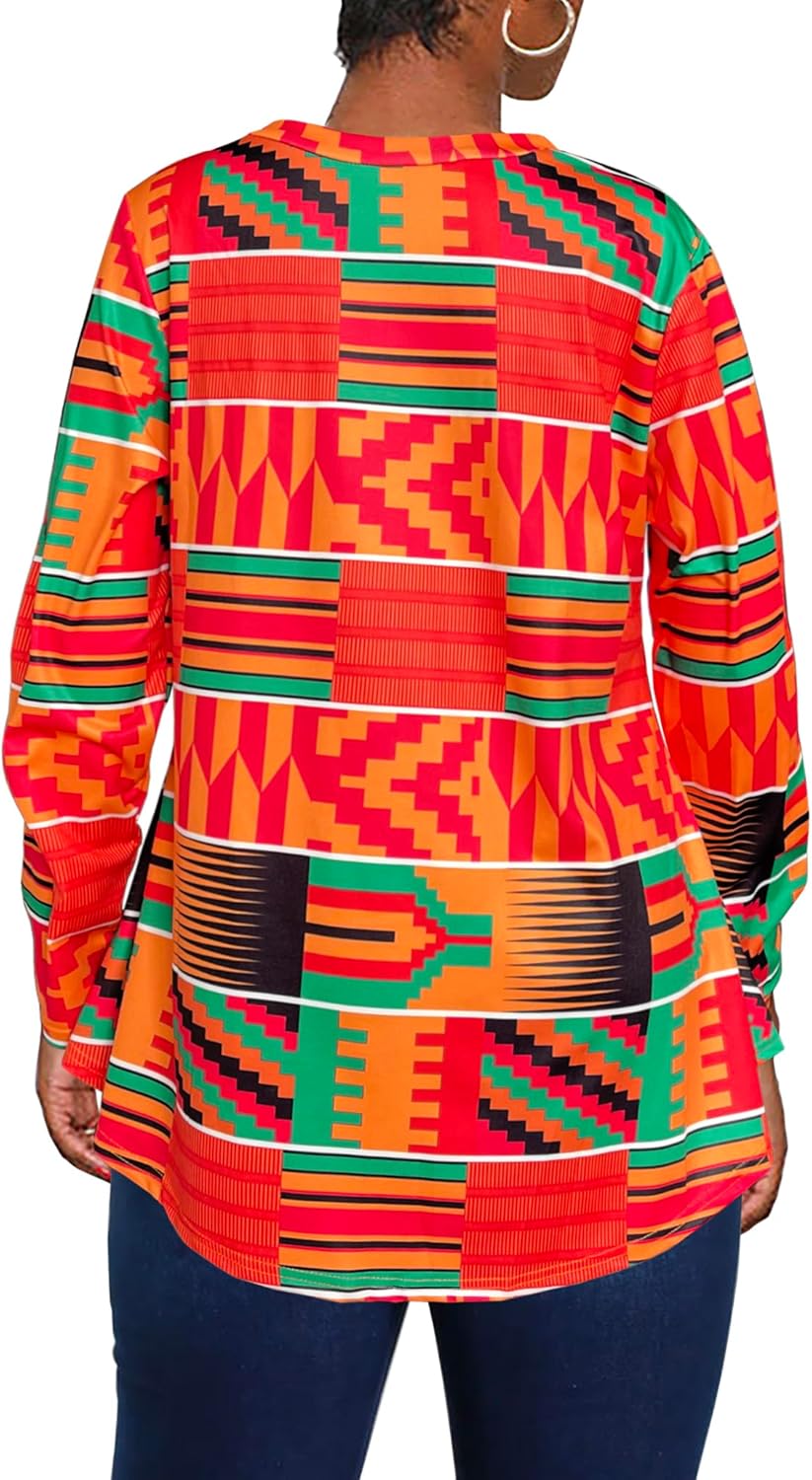 Afibi Dressy Shirts for Women African Dashiki Long Sleeve V Neck Loose Tunic Tops - Image 5