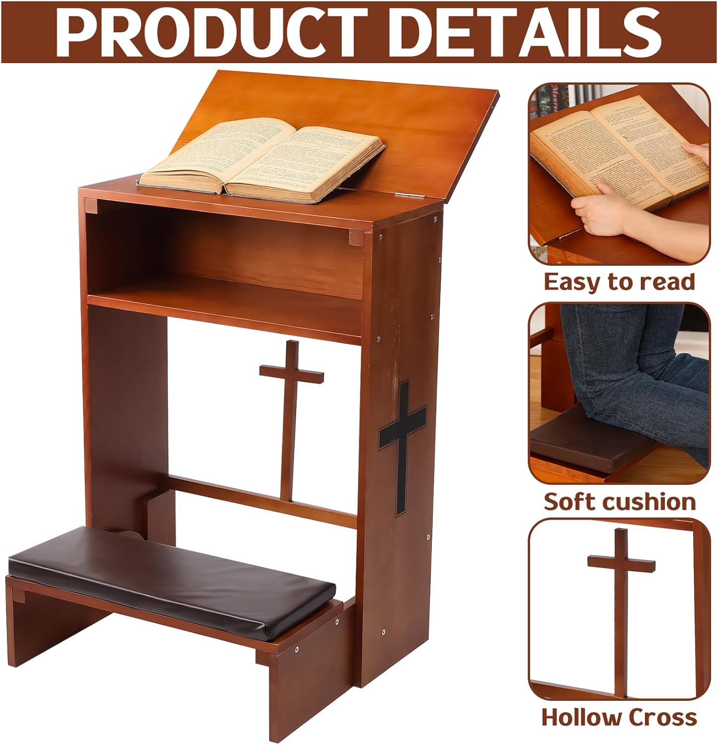 DoubleFill Solid Wood Prayer Bench Stool with Shelf and Cushion Church Prayer Bench Table Chair Padded Kneeler for Kneeling at Home, Religious Gifts, 23 x 20 x 32 Inches(Drawer Style)