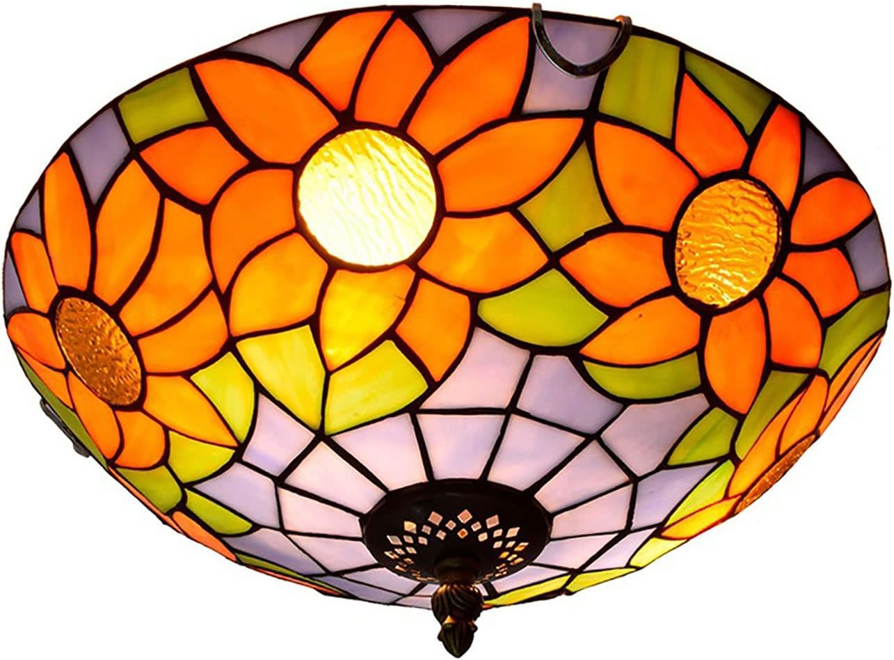 12 Inch 2-Light Pastoral Tiffany Flush Mount Ceiling Light, Sunflower Stained Glass Ceiling Lamp Decor for Kitchen Island Hallway Dining Room Bedroom,B
