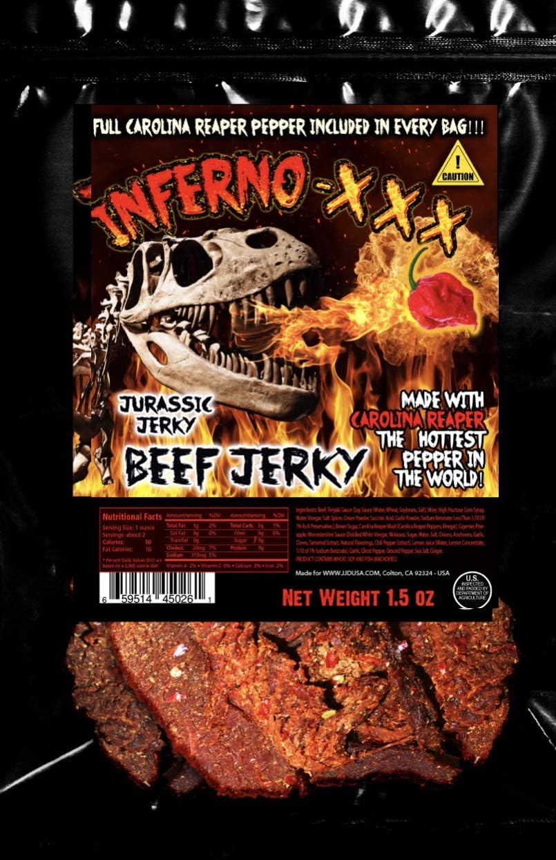 JURASSIC JERKY’S INFERNO - XXX HOT Beef Jerky * Every 1.5 oz bag includes (1) Carolina Reaper Pepper the Hottest Pepper in the World! Can you handle the Heat? Take the Challenge!