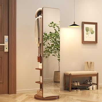 Muwuele Solid Wood Rotary Full Length Mirror Coat Rack, 69" x 20" Oversize Standing Mirror Full Length, Floor Mirror for Bedroom, Living Room, Entryway Walnut