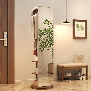 Solid Wood Rotary Full Length Mirror Coat Rack, 70" x 20" Oversize Standing Mirror Full Length, Floor Mirror for Bedroom, Living Room, Entryway (Walnut)