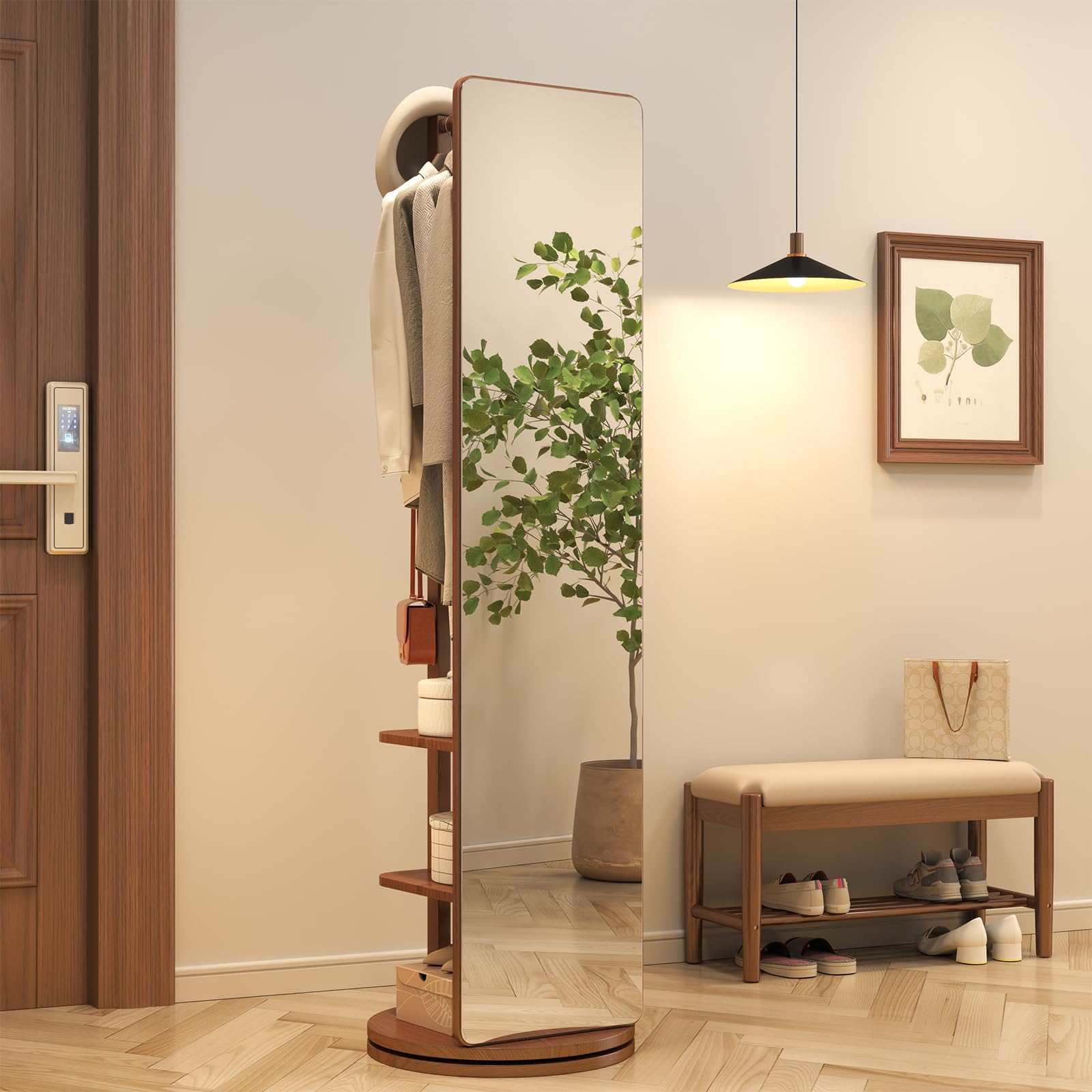 Muwuele Solid Wood Rotary Full Length Mirror Coat Rack, 70