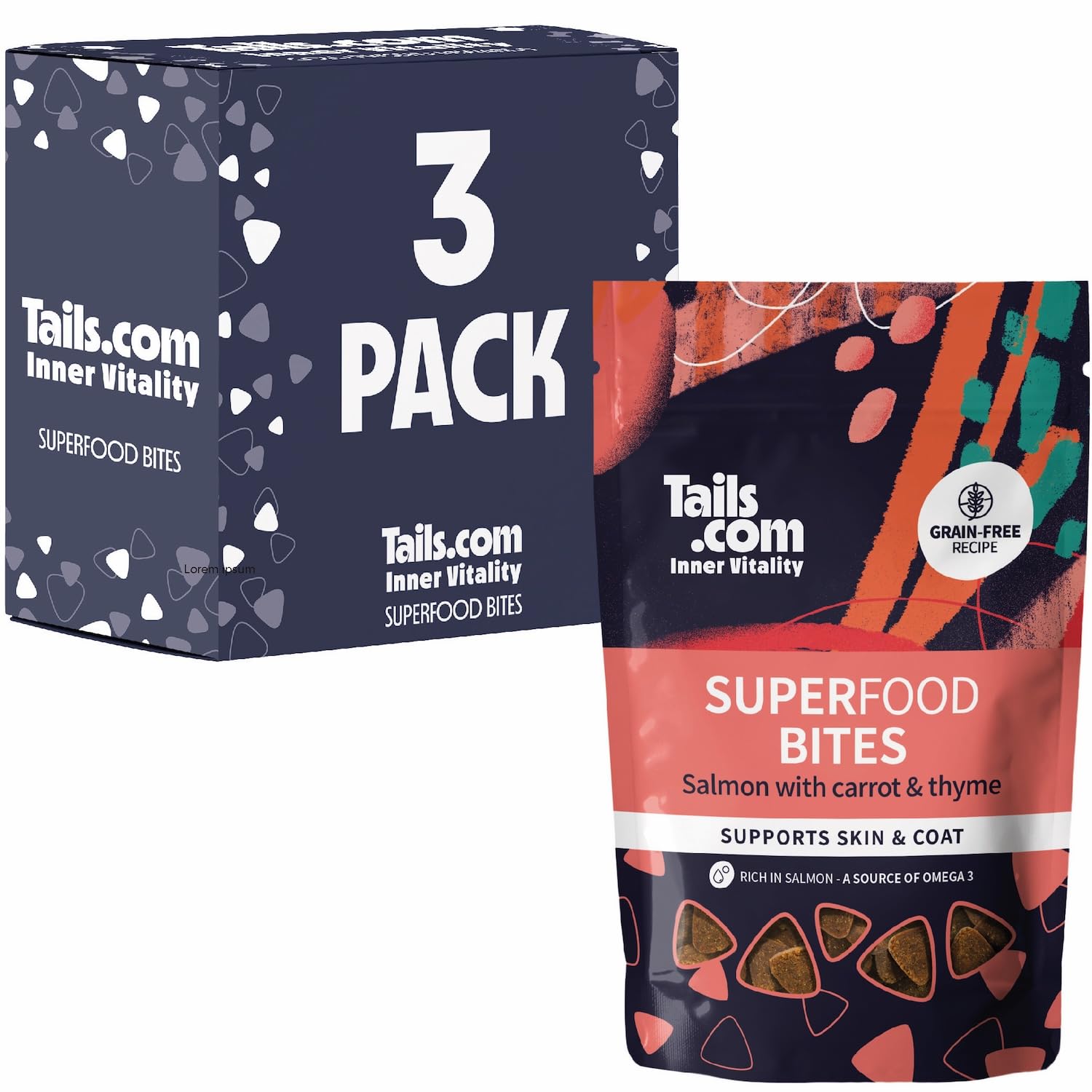 Tails.com • Dog Treats 3 x 80g • Superfood Bites 27% Salmon • Grain Free Recipe • No Artificial Colours or Flavours • Low Calorie Snacks • Rich in Salmon, a Source of Omega 3