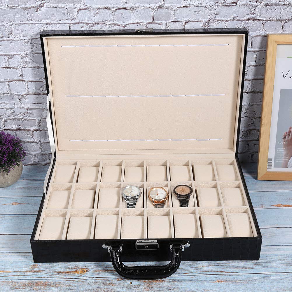 KIMISS Vetrina per Orologi con 12 Slot - Valigia Portaoggetti con 24 Griglie Organizer per Grandi Spazi in Pelle PU con Chiave - Porta Gioielli