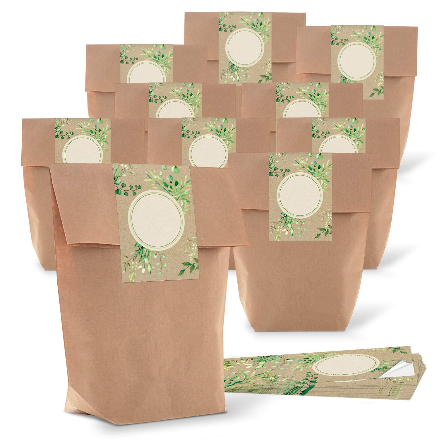 Logbuch-Verlag 10 Sacchetti Regalo In Carta Kraft Marrone Con 10 Adesivi Vintage Verdi Scrivibili - 18x8x22 Cm - Per Bomboniere, Matrimoni, Regali Di Natale