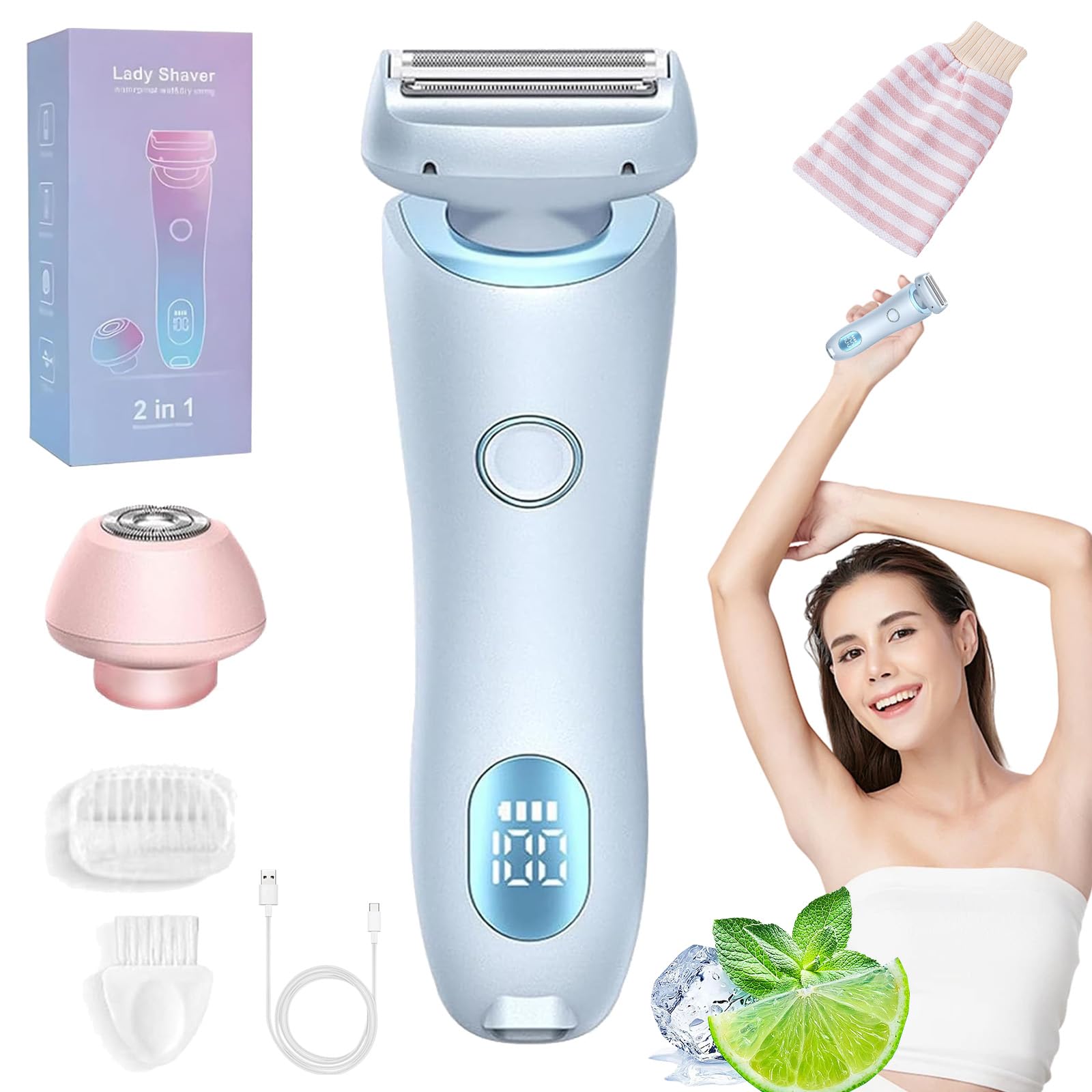 Sommer Starter Set, Haarentferner, Ipx7 Wasserdicht Kabelloser Rasierer, Intimrasierer FüR Frauen Mit Led-Anzeige FüR Gesicht Bikini Beine (Blau)