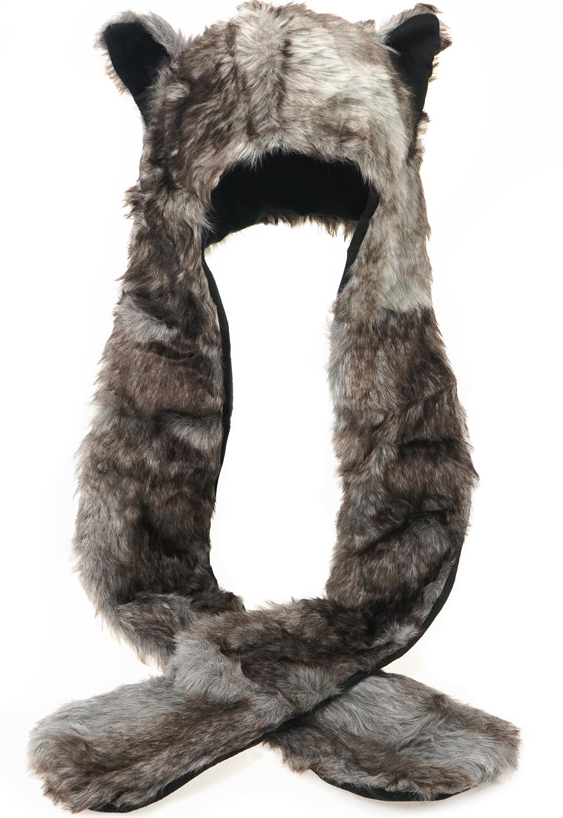 Damen Herren Winter Kunstpelz Flauschig Pelzigen Tier Kapuze Mütze mit Ohren Schal Pfoten Prints Tasche Handschuhe 3 in 1 Combo