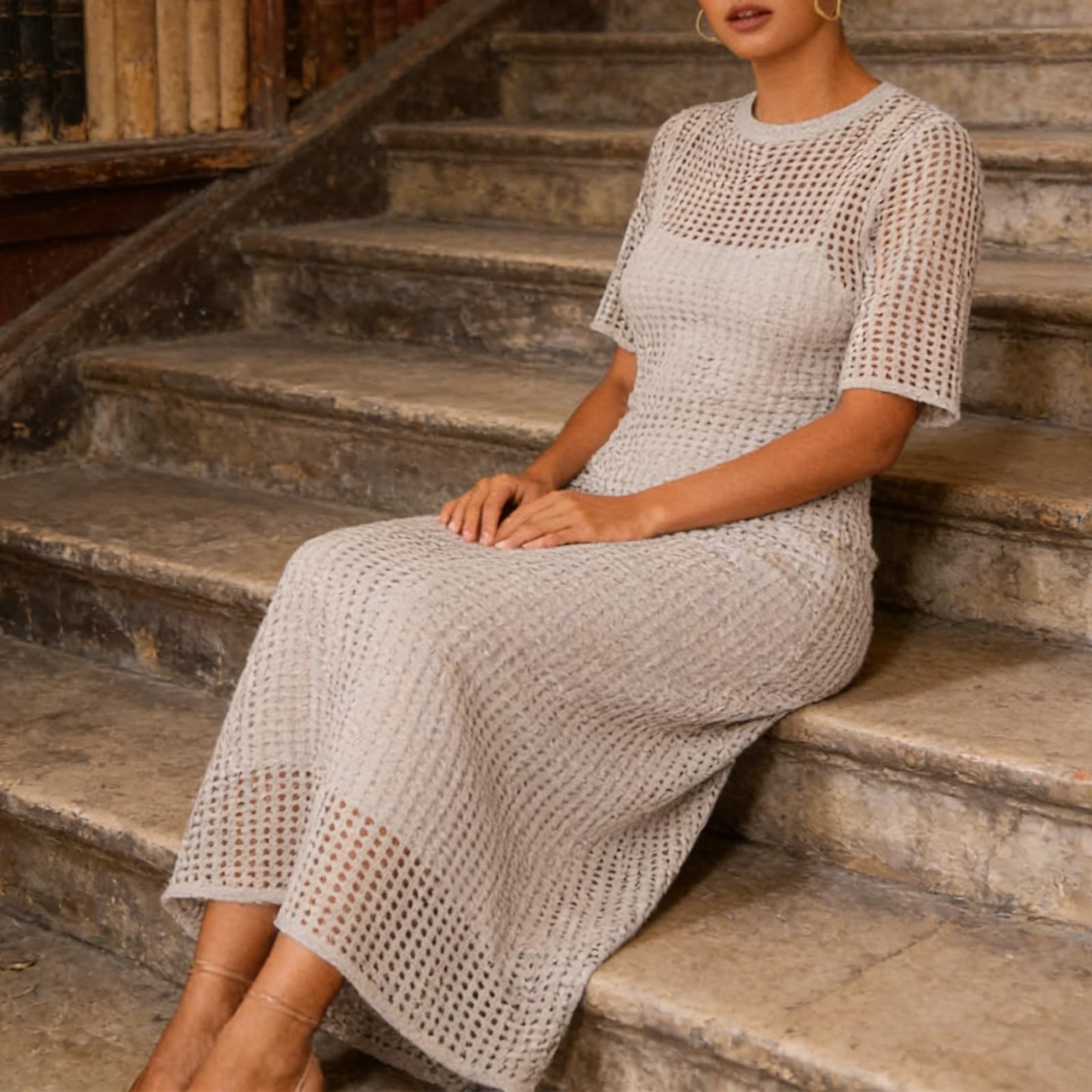 Generisch Elegante maxi abito a due strati in maglia con motivo bucato, maxi abito all'uncinetto, design Hollow-Out, copricostume, con sottoveste