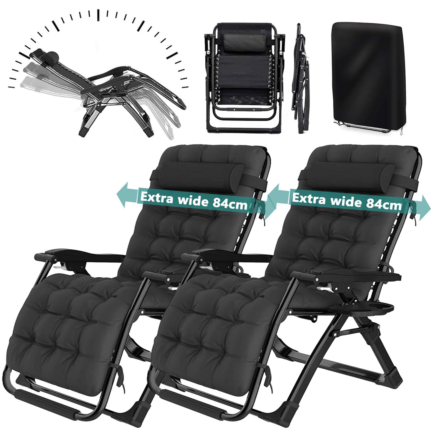 YOIZO Tumbona Plegable 84cm, con cojín, Tumbonas Jardin Eexterior Silla Plegable Ajustable para Patio, jardín, Playa, Piscina, con Almohada, 260kg (2-Negro)