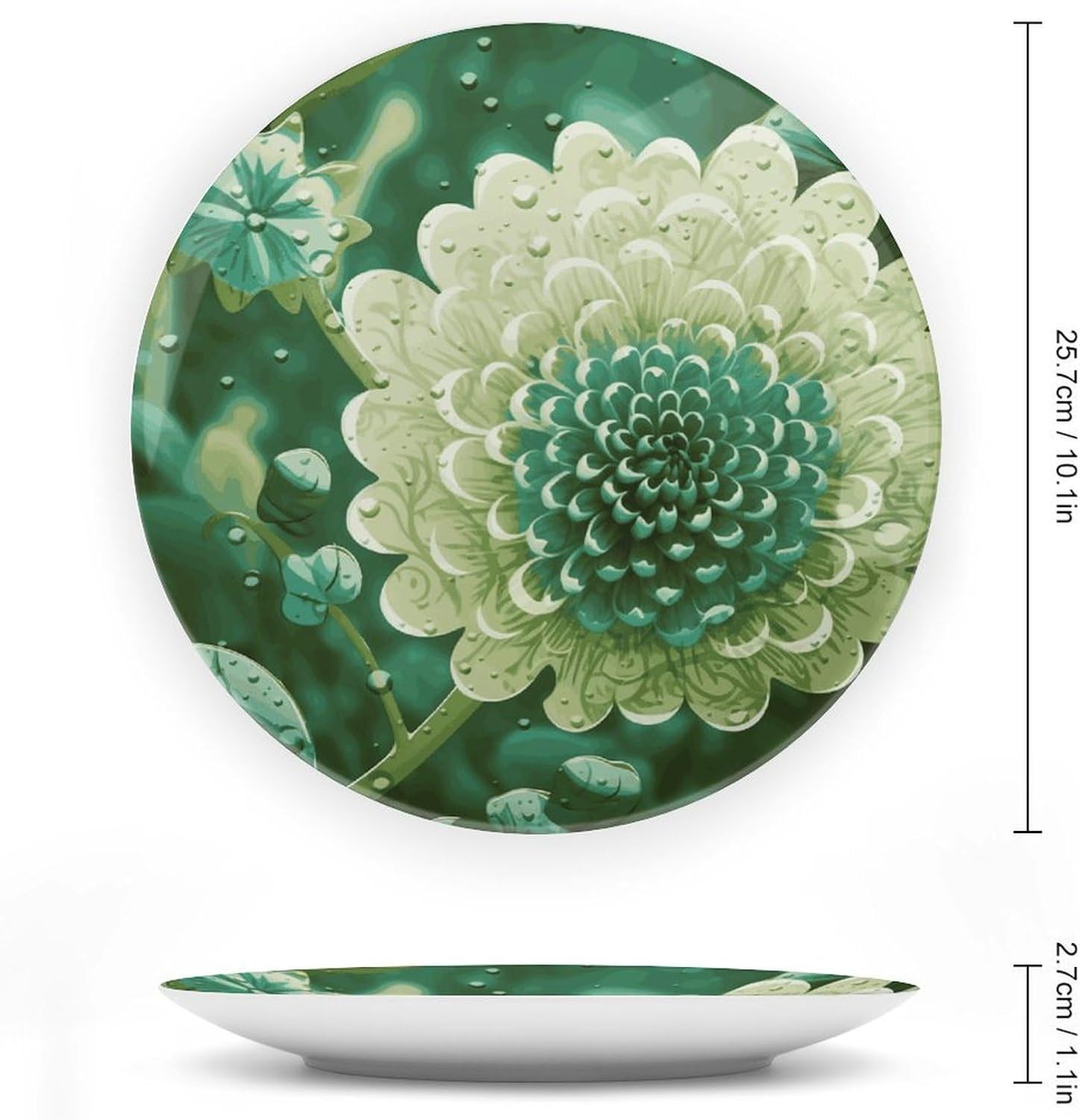 Green Flower Decorative Plates for Display Round Porcelain Plate Living Room Table Ceramic Hanging Decorative Plate Art Decor for Living Room Table with 1 Display Stand 10inch