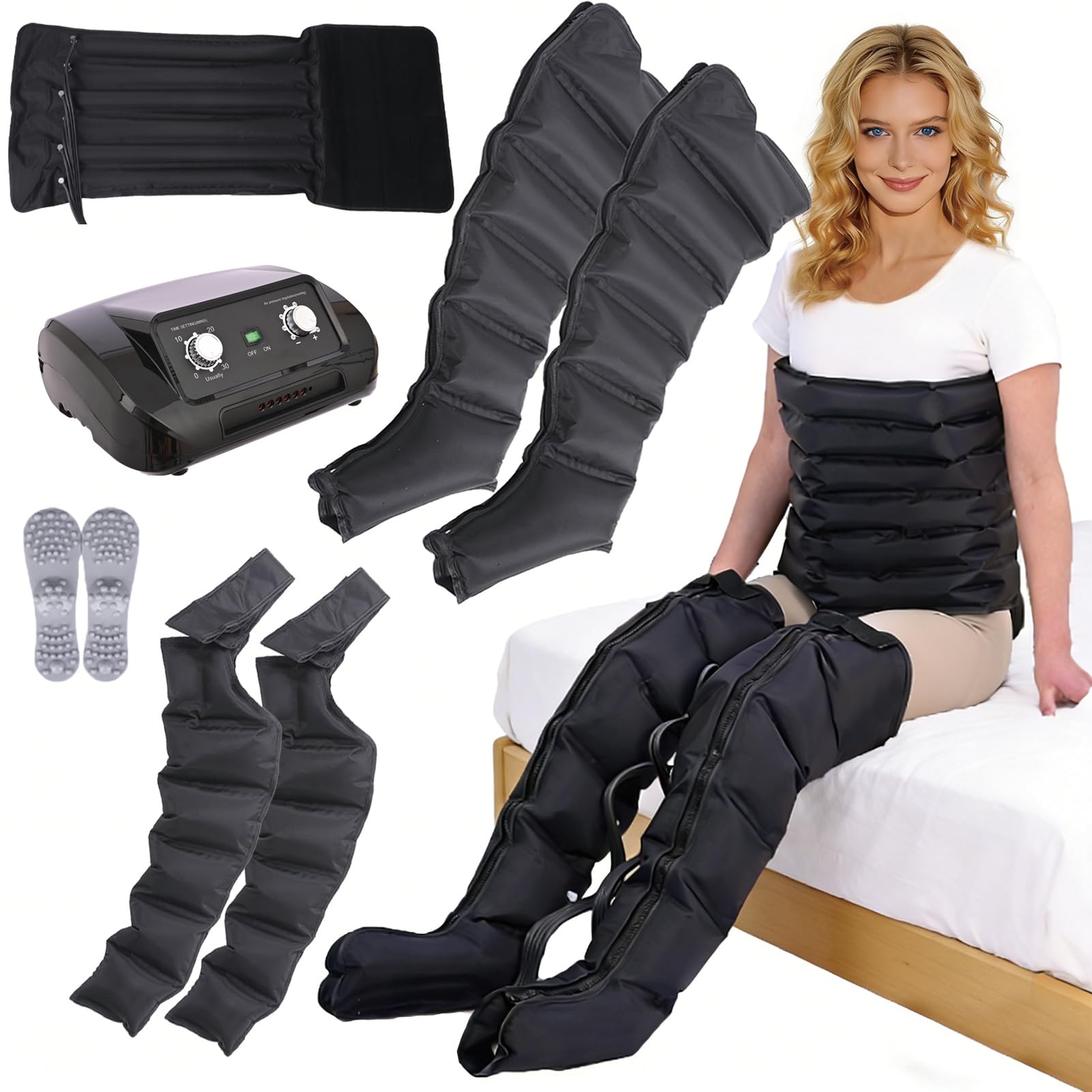 Bein Massagegerät, Beinmassagegerät Beine Und Füße Für Die Beine Venen Luftkompressionsgerät Bein Waden, Pressotherapie Professionelle Wirksamkeit Recovery Boots (2 Beine+Taille+2 Arme, L)