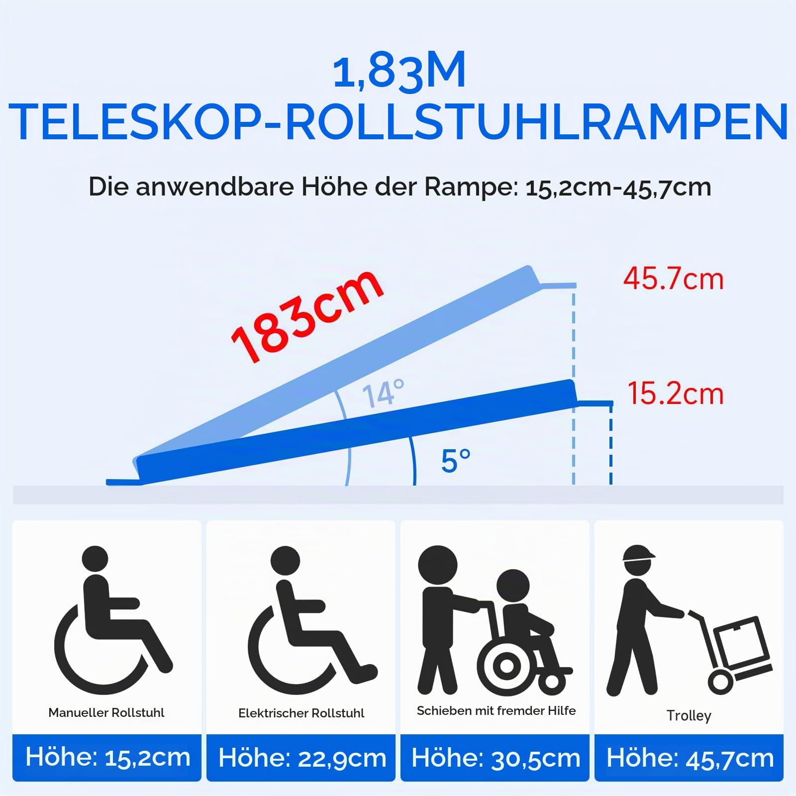 2PCS Teleskop-Rampe 105-183cm, Alu, 272 kg, Rollstuhl, Fahrrad, mit Tasche | Teleskop-Rollstuhlrampe, 105-183cm, 272kg Tragkraft, Alu, rutschfest, mit Tragegriff+Tasche, für Türen/Stufen
