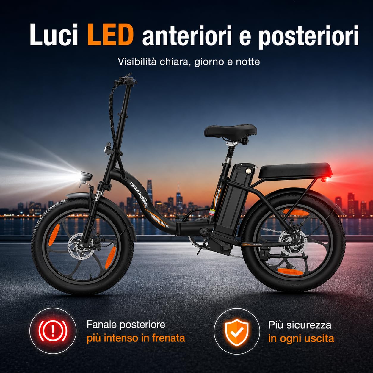 Bicicletta Elettrica Pieghevole 20x3.0, Motore 250W Coppia 47NM, Batteria 48V 16Ah, Velocità Max 25km/h, Autonomia 50-100KM, 7 Marce, Ammortizzatore a Molla e Freni a Disco Meccanici Urbana