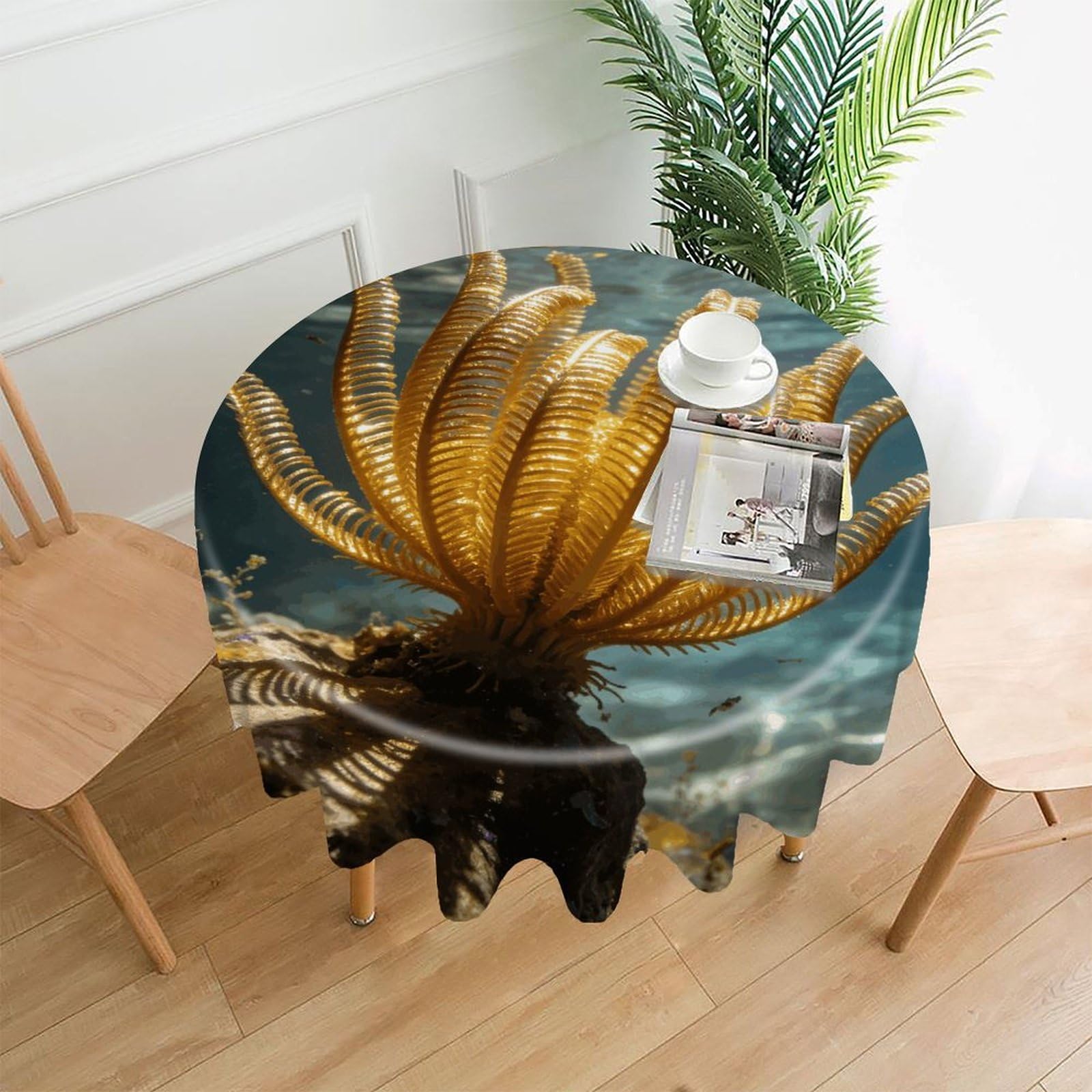 LDGSUPH Golden Crinoids Round Tablecloth Cover Washable Luxurious Fabric Table Cover Decor Wrinkle Free Fashion Round Table Cloth for Home Dining Kitchen Party 60 in