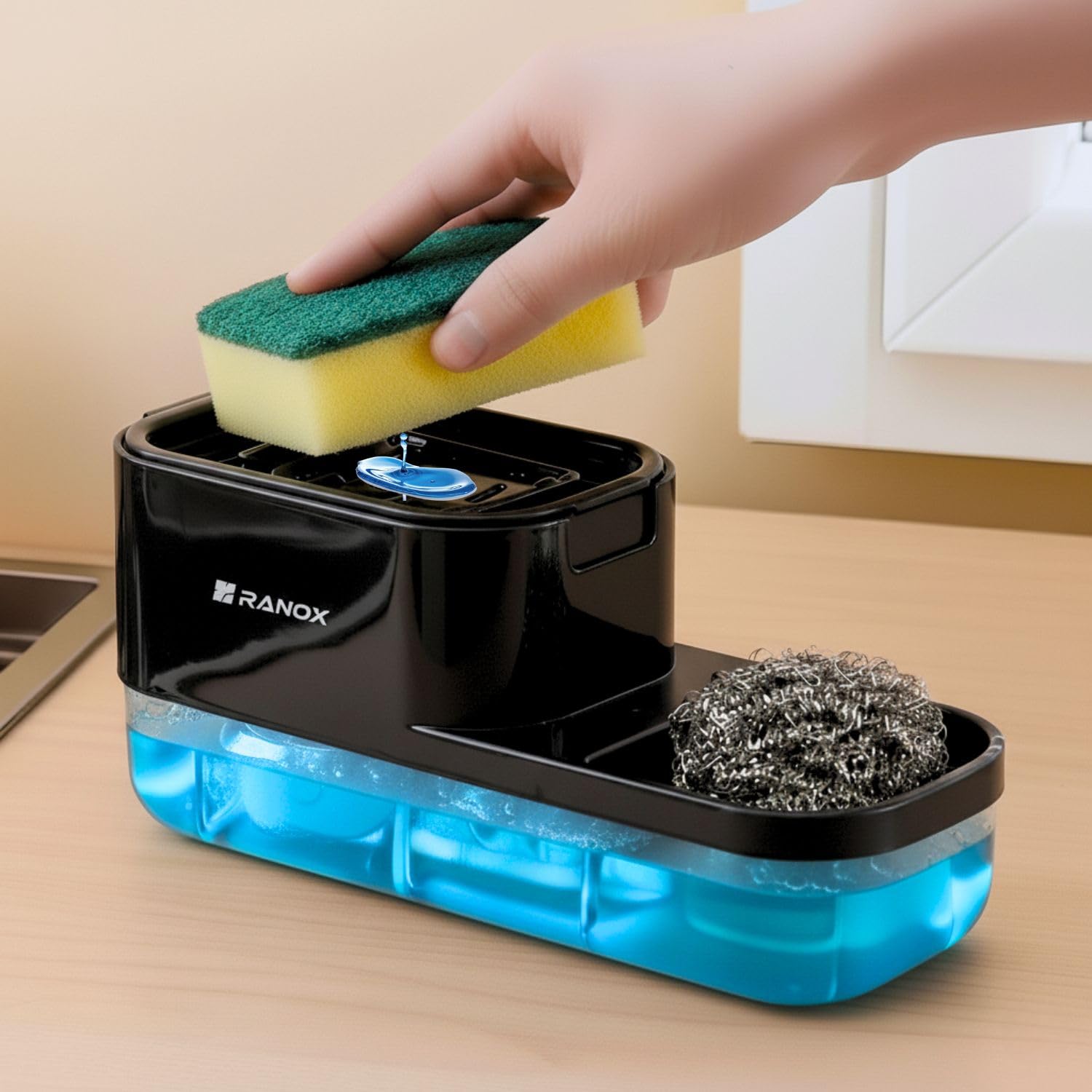 Ranox 3-in-1 Soap Dispenser with Pump & Sponge Holder – Dish Soap Dispenser for Kitchen Sink, Countertop Organizer for Kitchen & Bathroom (Dual Dishwash (Black))-image-31