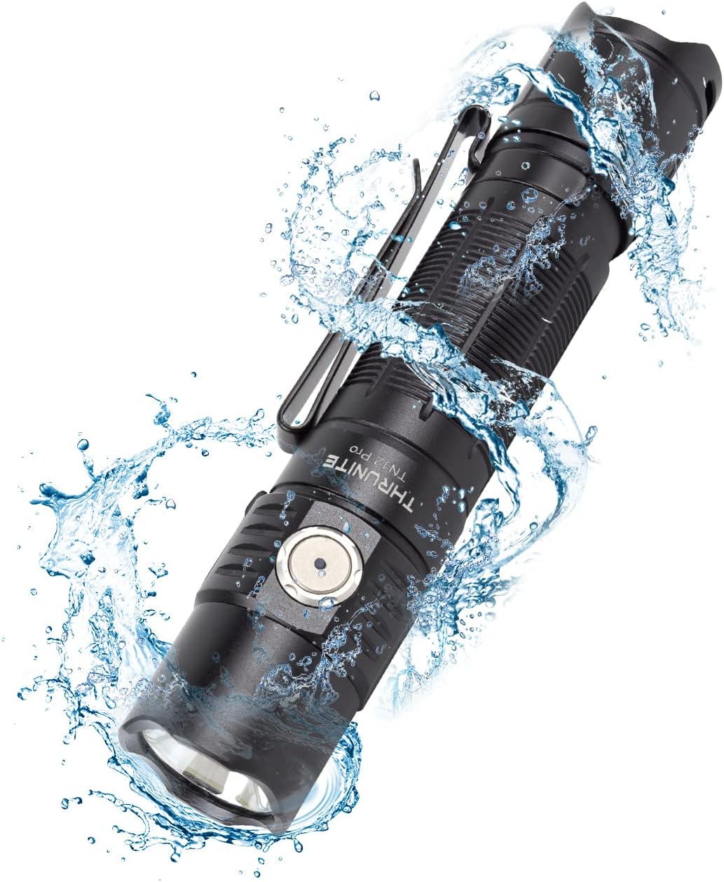 ThruNite TN12 Pro flashlight being splashed with water