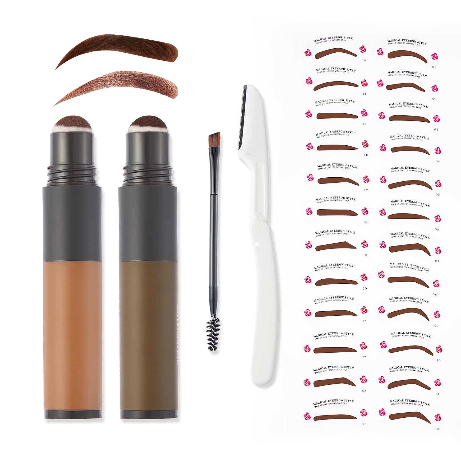 ESPOCE Eyebrow Stamp Stencil Kit 2 Colors in 1 Dark Brown and Light Brown Waterproof and Long Lasting One Step Brow Stamp with 24 Eyebrow Stencils, 1 Brush and 1 Razor, Upgrade Design
