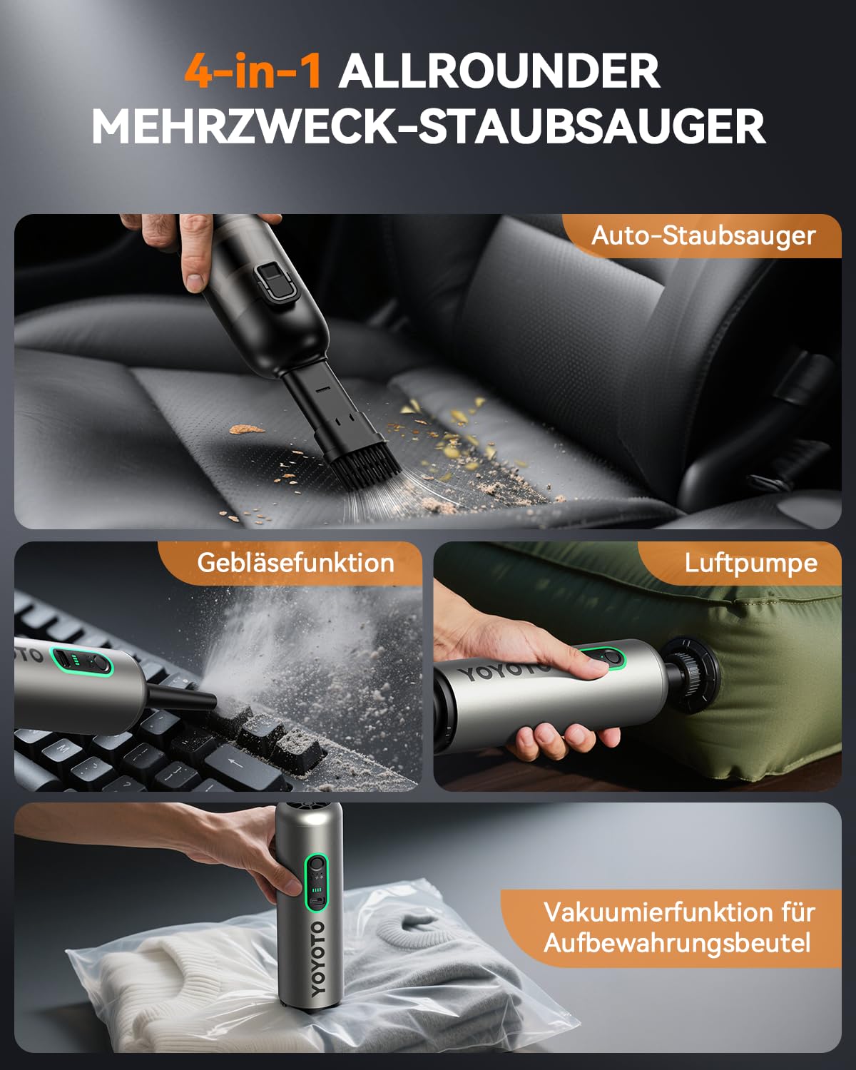 Akku-Autostaubsauger, 4-in-1 Handstaubsauger mit 21000Pa Saugkraft