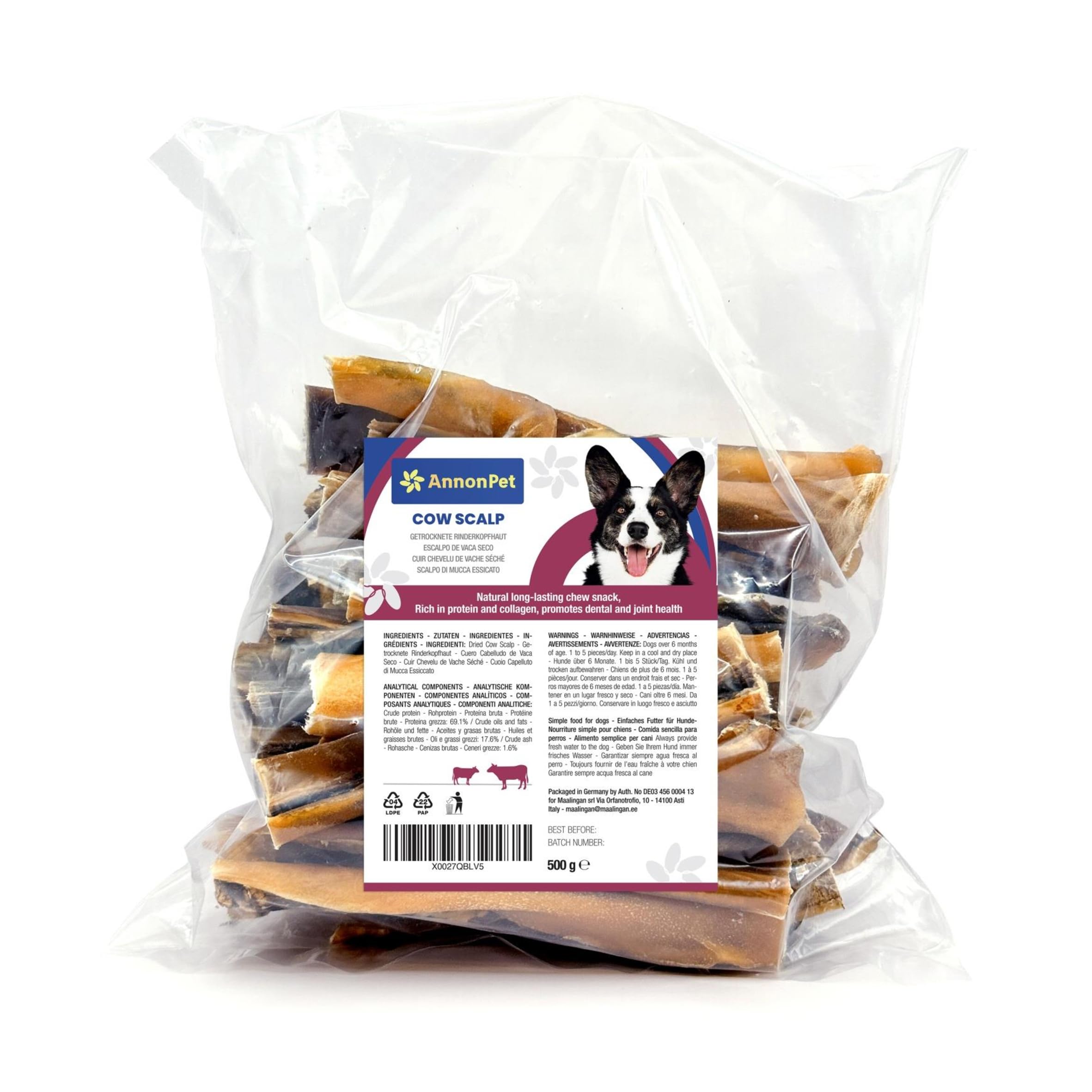 Piel de cabeza de vacuno seca 500 g – Snack natural de larga duración para perros adultos – Masticativos naturales para limpieza dental y fortalecimiento de los músculos masticadores