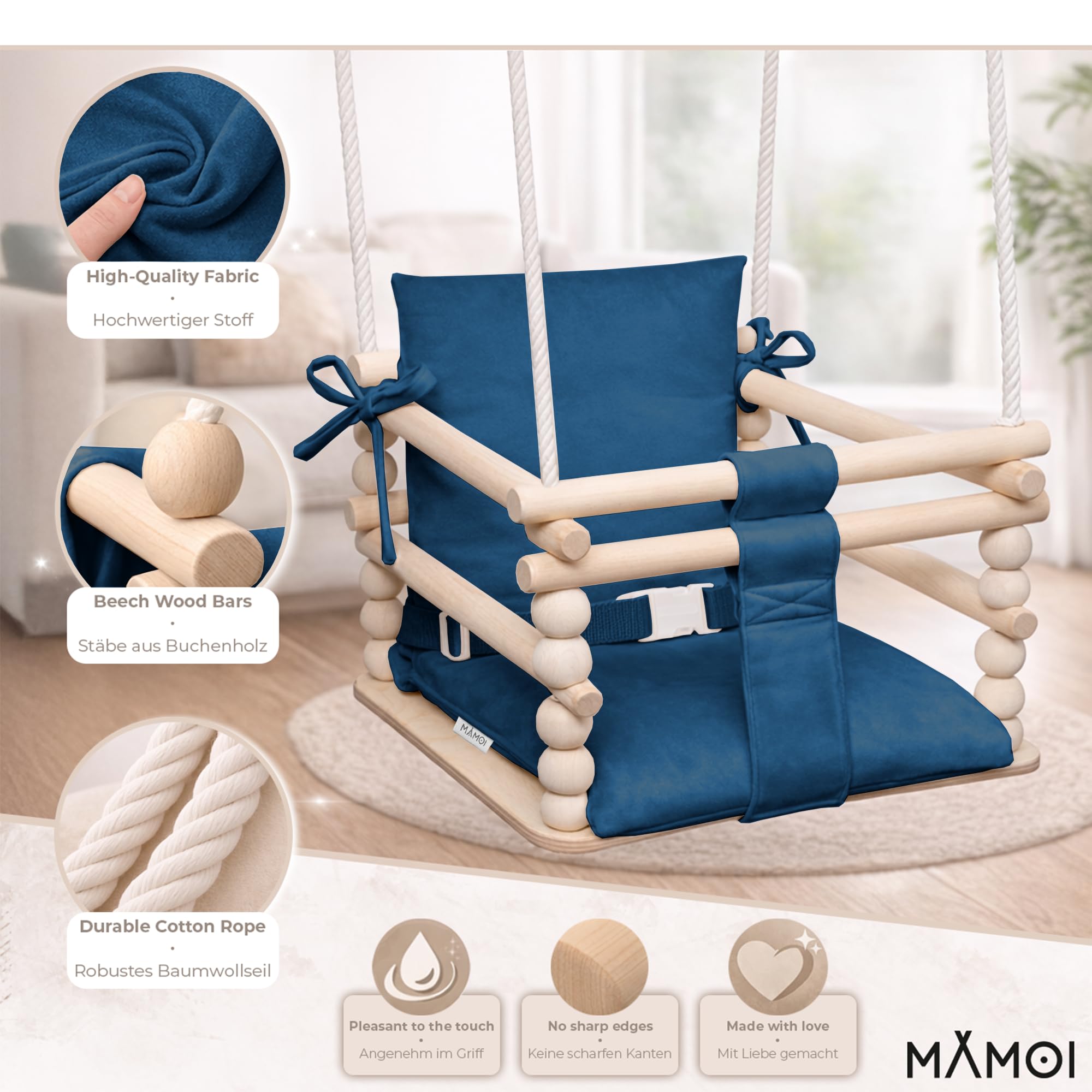 MAMOI Columpio infantil 3 en 1 con cinturón de seguridad, regulable en altura, columpio para casa, estructura estable, montaje sencillo, columpio infantil para interior