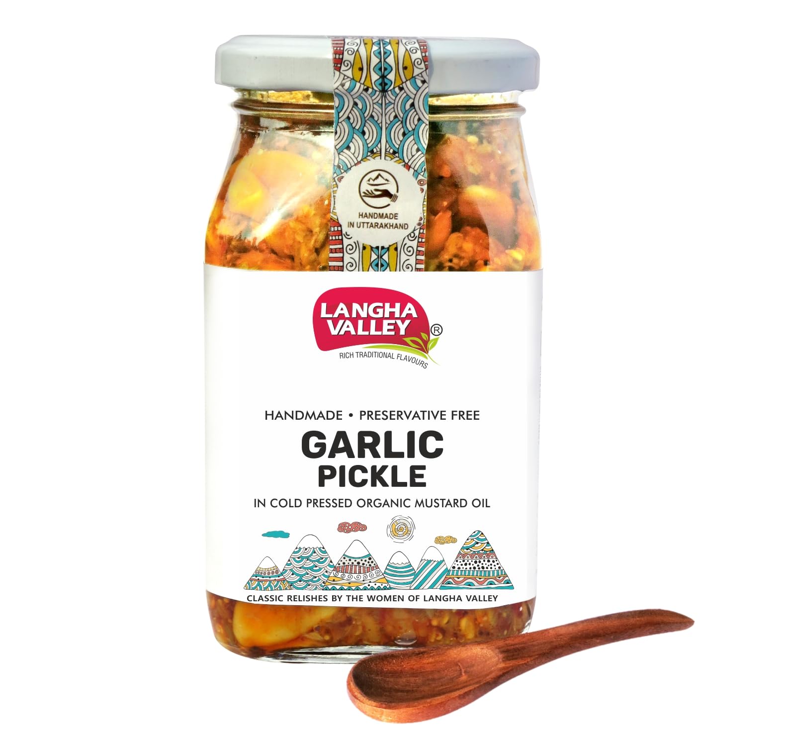 LANGHA VALLEY Homemade Garlic Pickle (Lehsun Ka Achar) - Handmade in Organic Mustard Oil, Preservative-Free, No Added Colors or Flavors, Sun-Dried & Sun-Matured, Glass Jar with Wooden Spoon, 400 Grams-image-8