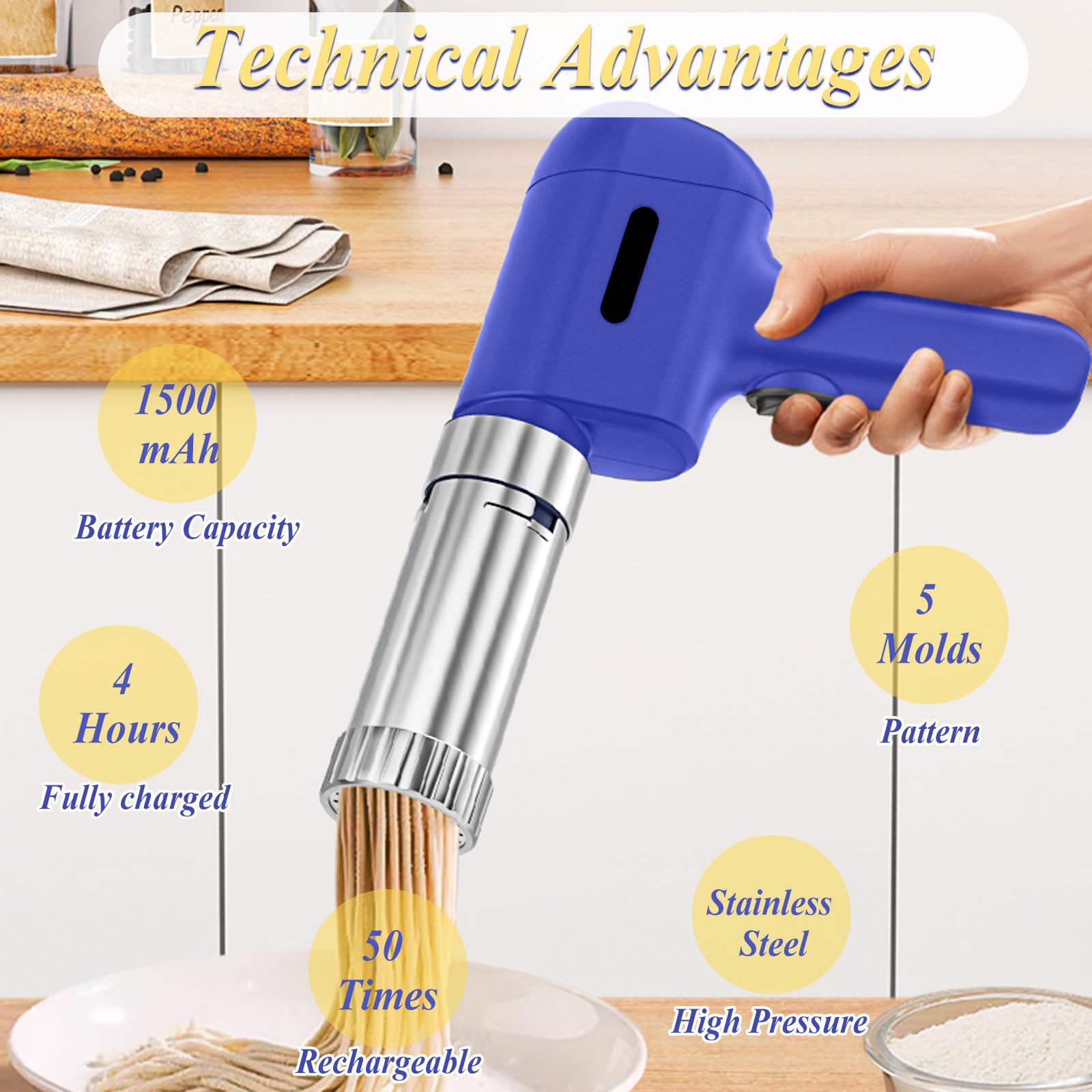 Machine à pâtes électrique, 50W Machine à nouilles automatique portable en acier inoxydable avec 5 disques à pâtes, Presses à Pâtes Electriques pour la machine à spaghetti maison Cuisine