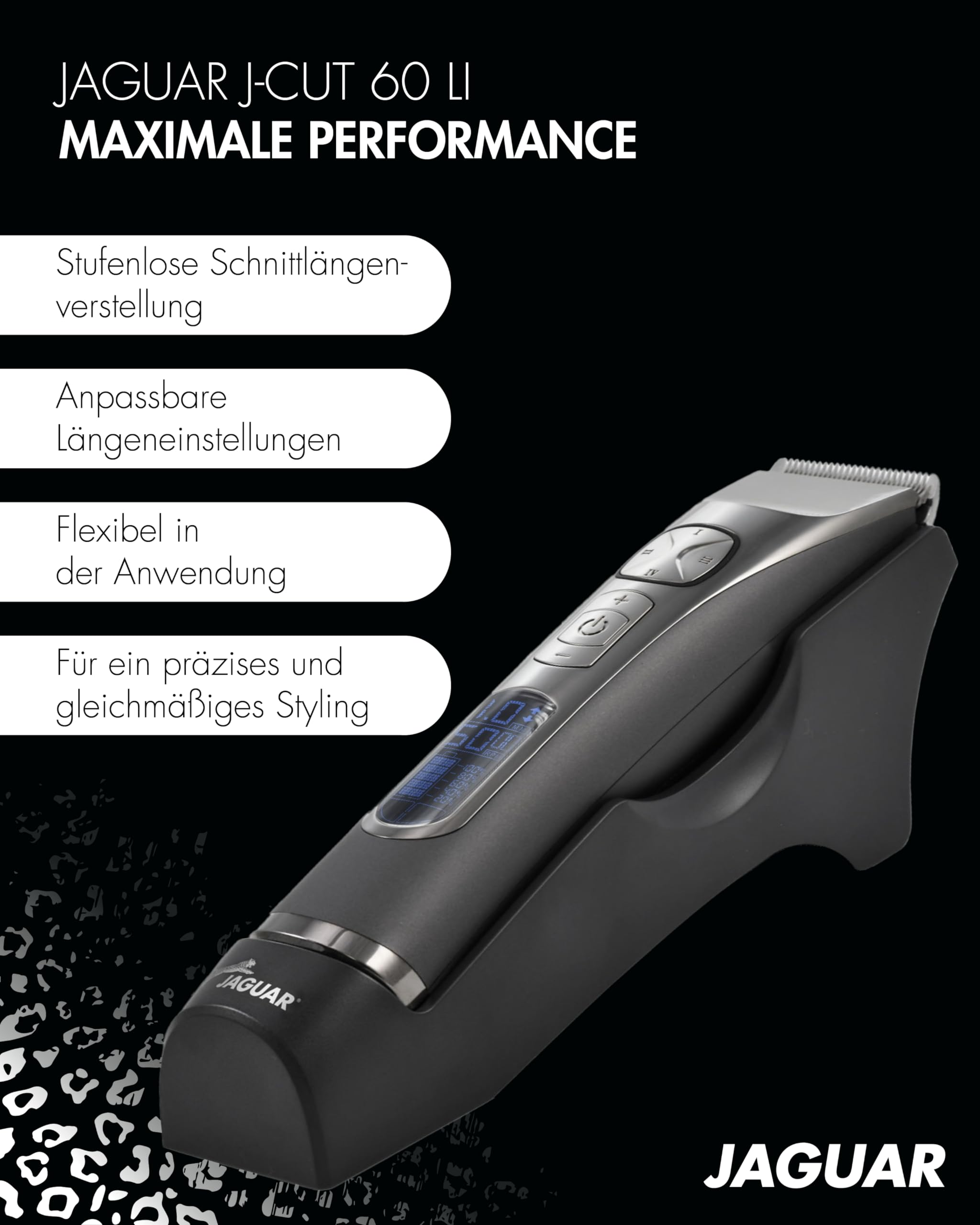 JAGUAR Haarschneidemaschine J-CUT 60 Li Silver |2way mit Lithium-Ionen-Akku | Profi Haarschneider für Akku- und Netzbetrieb inkl. Aufsteckkammset & LED Display | Vom Profi für Dich