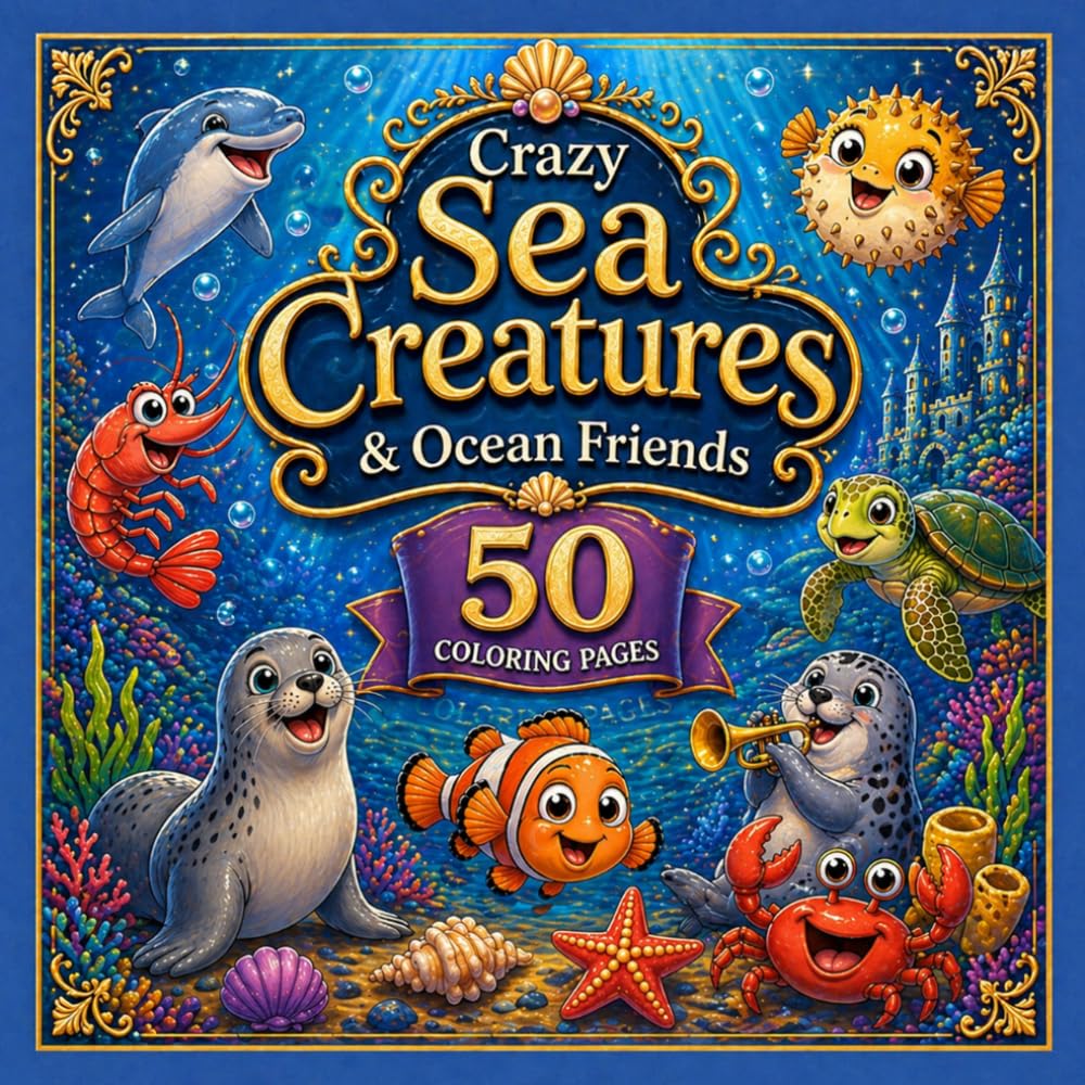 Crazy Sea Creatures & Ocean Friends: 50 Coloring Pages for Kids: Fun Ocean Coloring Book for Kids with Sea Creatures, Marine Life, Mermaids and Fantasy Characters