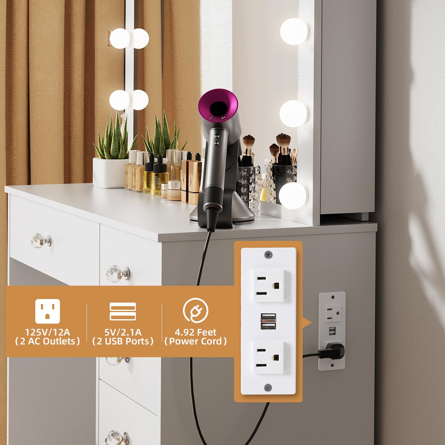 VOWNER White Makeup Vanity Desk with Lighted Mirror & Power Outlet, 3 Color Modes, Vanity Table with Drawer,Sliding Shelves for Bedroom