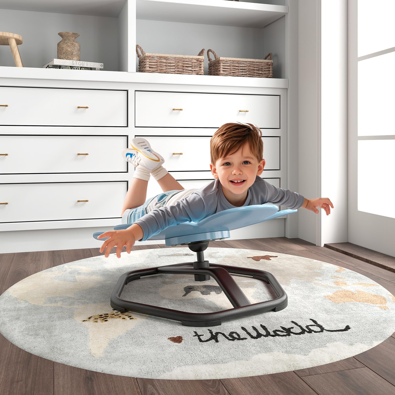 RELAX4LIFE Sedia Girevole 360° per Bambini, Base Metallica Antiscivolo per Sicurezza, Giocattolo Sensoriale per Equilibrio, Coordinazione e Cameretta, Portata 100 kg (Fiore,Blu)