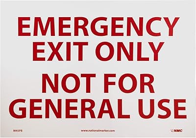 NMC M45PB EMERGENCY EXIT ONLY NOT FOR GENERAL USE Sign – 14 in. x 10in. Adhesive Backed Vinyl Exit Sign with Red Text on White Base
