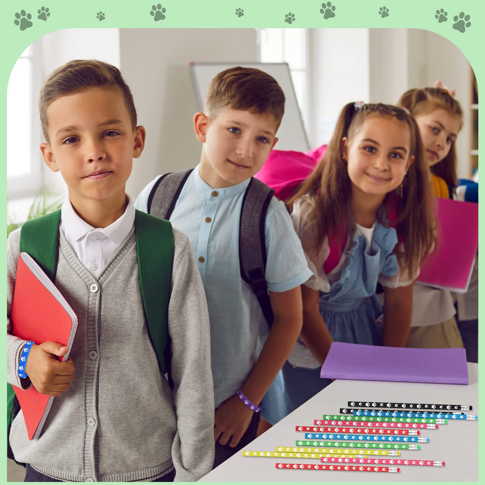 Harloon 240 Pcs Paw Print Rubber Bracelet Dog Paw Pencils Withe Erasers Set, Stretch Wristbands Writing Wooden Paw Print Pencil Dog Pencils Rubber Bracelets