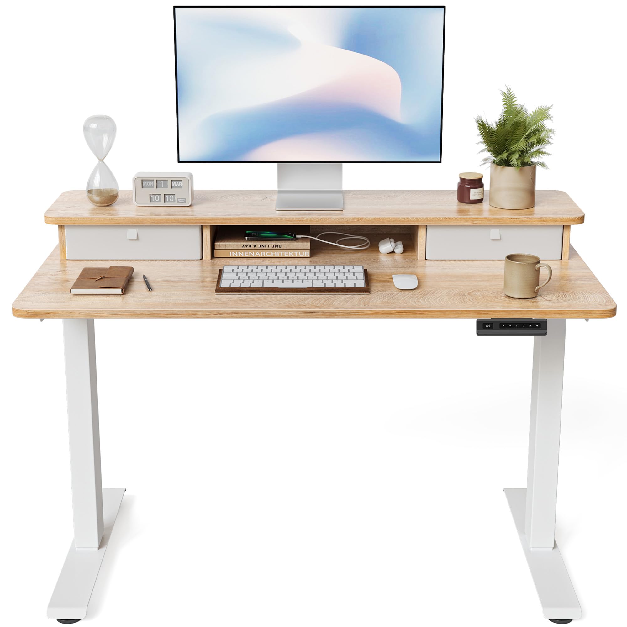 FEZIBO Electric Height Adjustable Standing Desk, 100x60cm, with Double Drawers and Storage Shelf, Maple — image 1