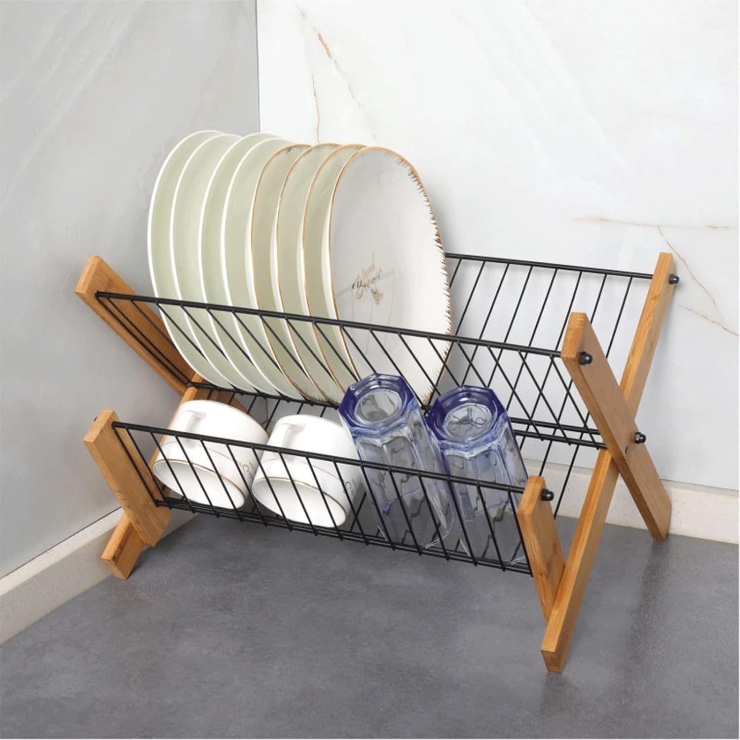 Scolapiatti pieghevole in bambù con organizer per pentole e padelle, in metallo, con scolapiatti, per riporre stoviglie, TV, organizer per alimenti, nero