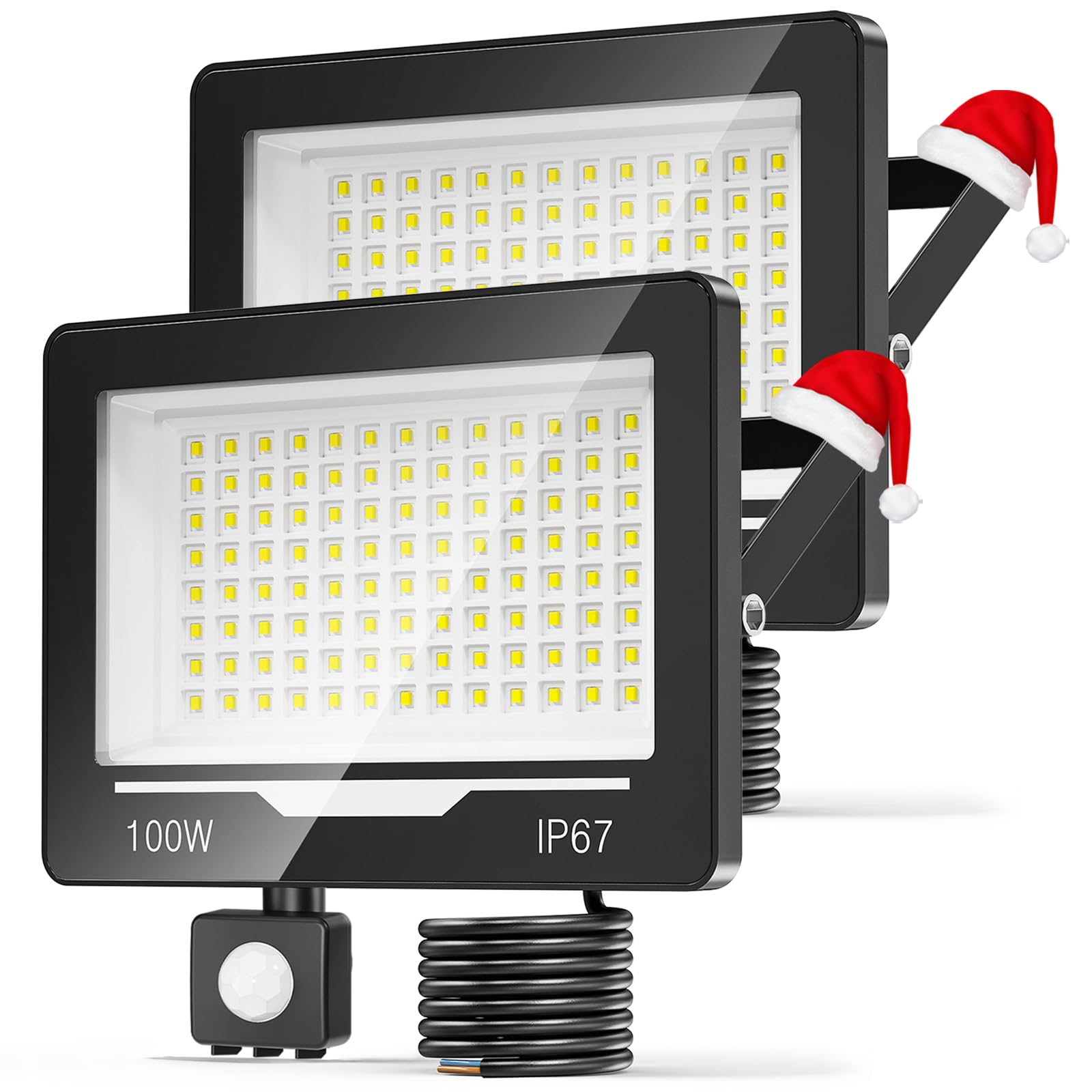 100W 10000LM Foco LED Exterior con Sensor Movimiento 2 Piezas, 6500K Blanco Frío Impermeable IP67 Foco Exterior con Sensor de Movimiento para Patio, Jardín