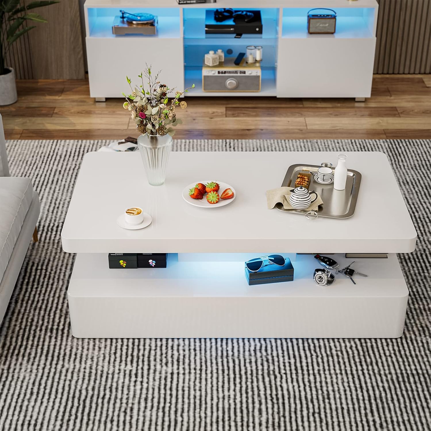 IKIFLY Modern High Glossy White Coffee Table with 16 Colors LED Lights, Contemporary Rectangle Design Living Room Furniture, 2 Tiers : Home & Kitchen