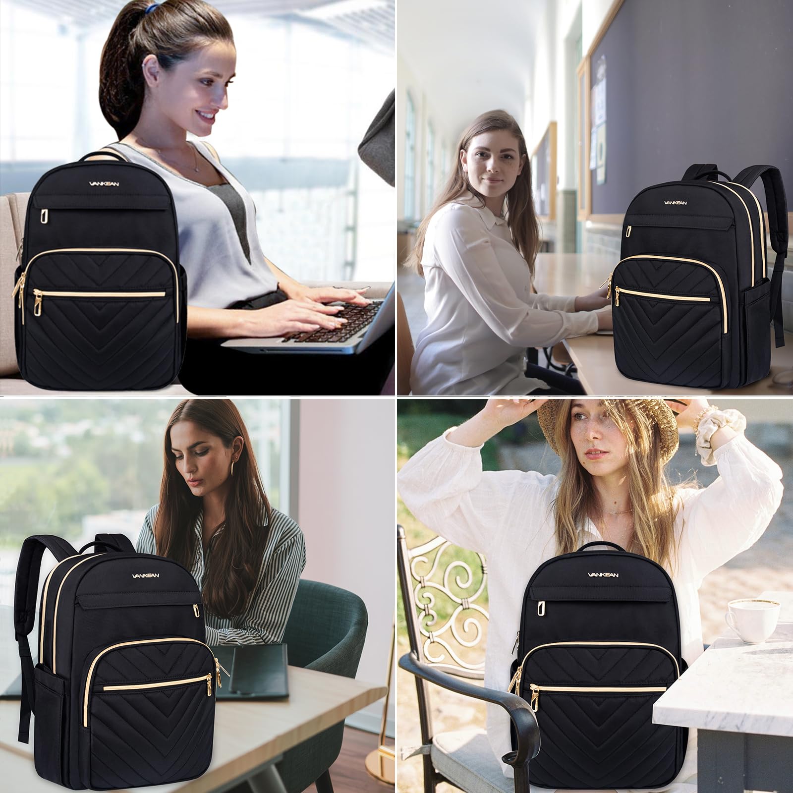 VANKEAN 15.6 Zoll Laptop Rucksack Damen, Schulrucksack wasserdicht Damen Herren Arbeitstasche für Universität Business Arbeit Reisen Camping, Schwarz