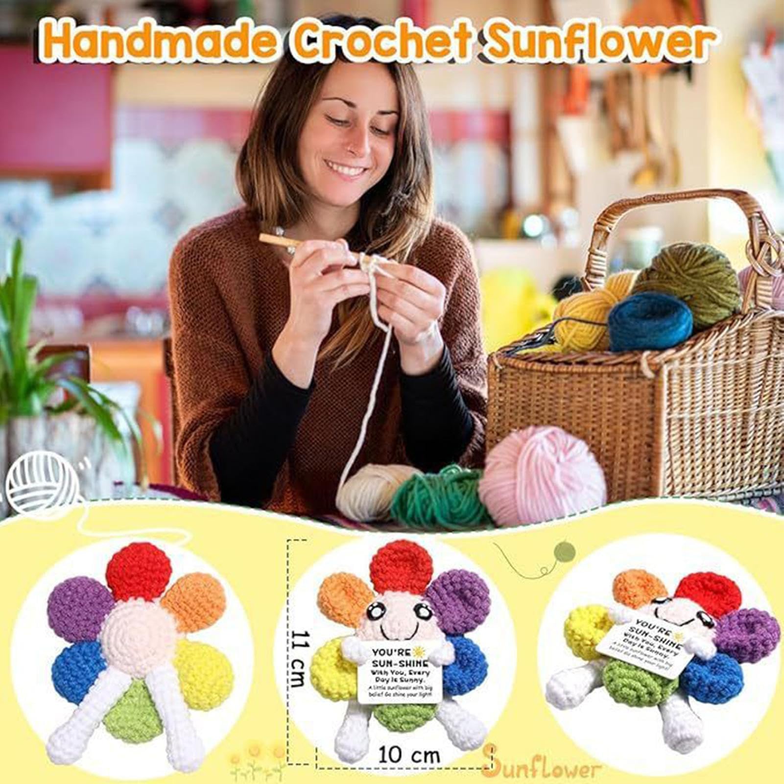 Bambola Uncinetto Portafortuna Con Girasole E Biglietto Incoraggiante | Giocattolo Fatto A Mano Lavorato A Maglia, Regalo Caldo Per Amici, Decorazione Positiva Per Scrivania O Pianta