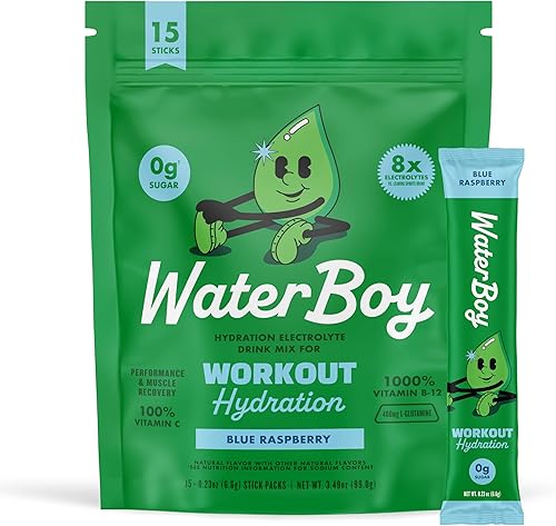 Miniatura 1 de Waterboy Hidratación de entrenamiento  Paquetes de electrolitos en polvo de 2,960 mg sin azúcar  L-glutamina + vitaminas  Sin azúcar, todo natural,