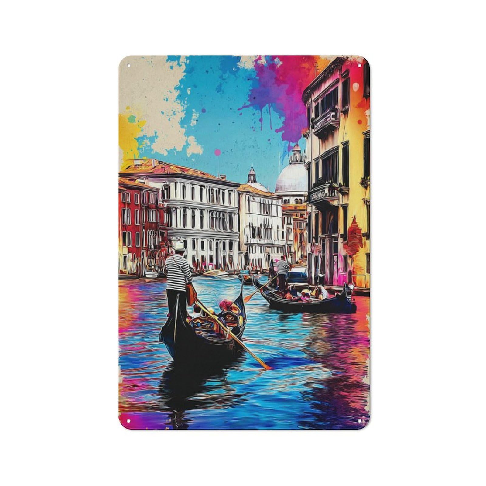 Junmoney Colorful Venice Canals With Gondolas Vintage Metal Sign 30X20cm For Lounge Or Reading Corner, For Garage, Workshop And Man Cave Decoration