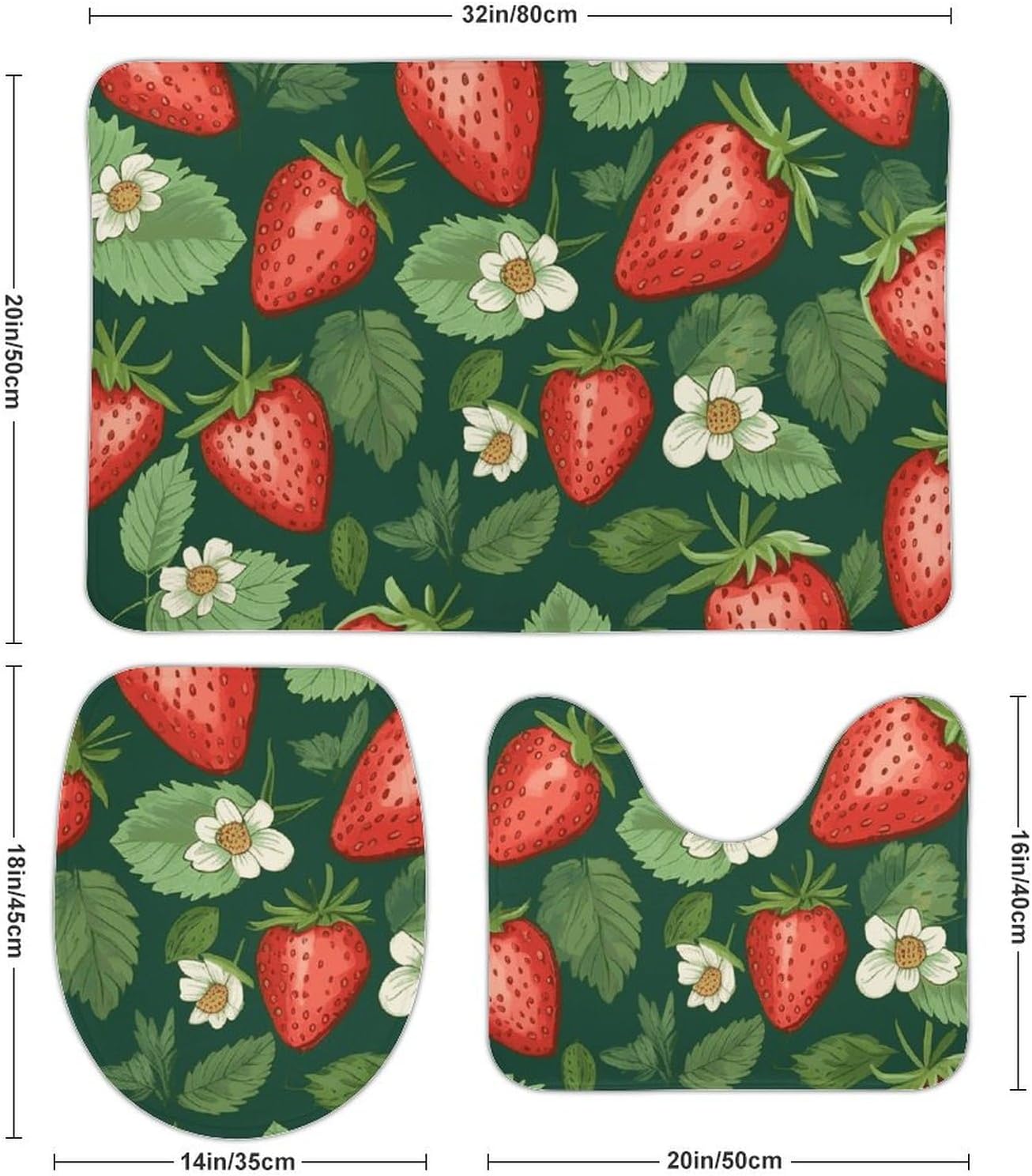 Anti-Skid Floor Mats 3 Piece Set,Fresh Strawberries and Leaves Printed Coral Fleece Bathroom Mats U-Shaped Contour Mat Toilet Seat Cover for Bathroom, Tub, Shower, Kitchen 19.7"x31.5"