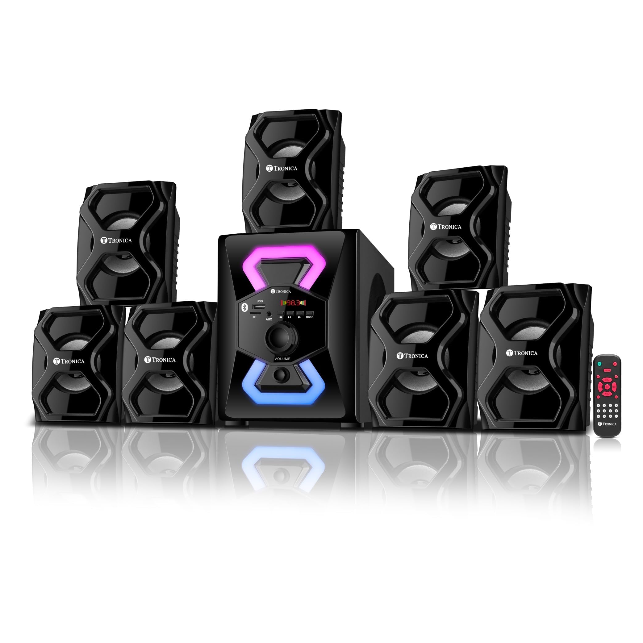 tronica donald 7.1 65w home theatre system with rgb led lights, remote control, bluetooth speaker set, fm, pendrive,smart tv support