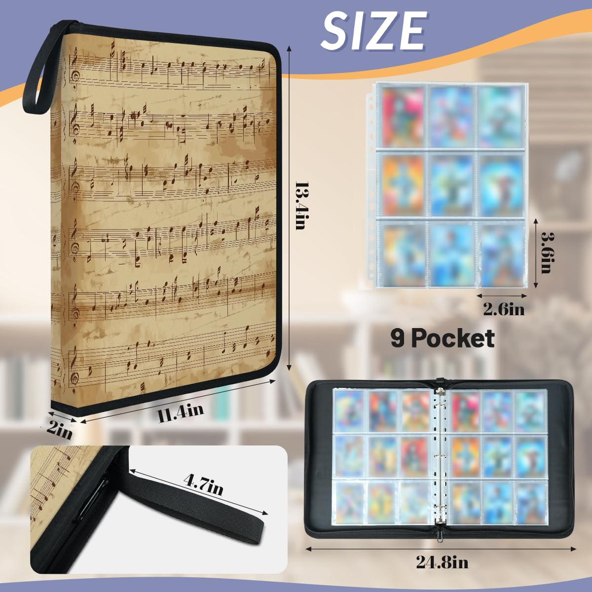 Mexpekil Raccoglitore di carte vintage per spartiti musicali, 9 tasche con 50 pagine a caricamento laterale, cartella per raccolta di carte per 900 carte, album per carte collezionabili con cerniera