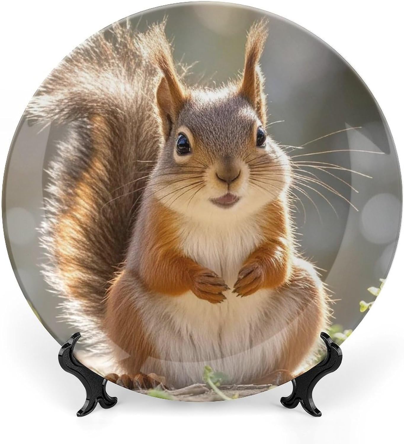 Squirrel Funny Animal Decorative Ceramic Plate Round Porcelain Plate Decor Personalized Bone China Decorative Plates Ceramic Ornaments Dessert Plates with Display Stand 10inch