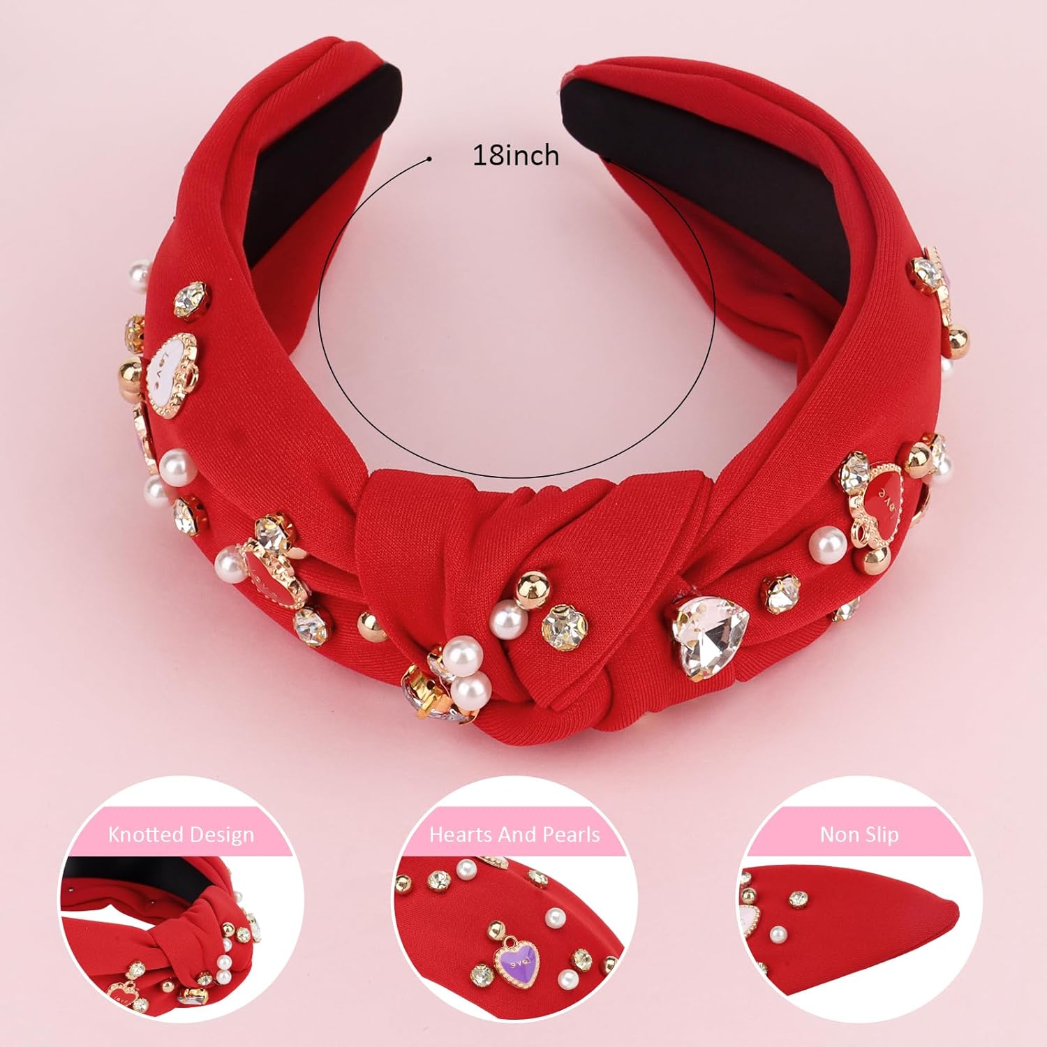 CURASA Valentine‘s Day Headband for Women Girls Love Heart Red Knotted Headband Pearl Crystal Rhinestone Jeweled Headpiece Wide Top Knot HairBand Fashion Heart Accessories Party Holiday Gifts - Image 2
