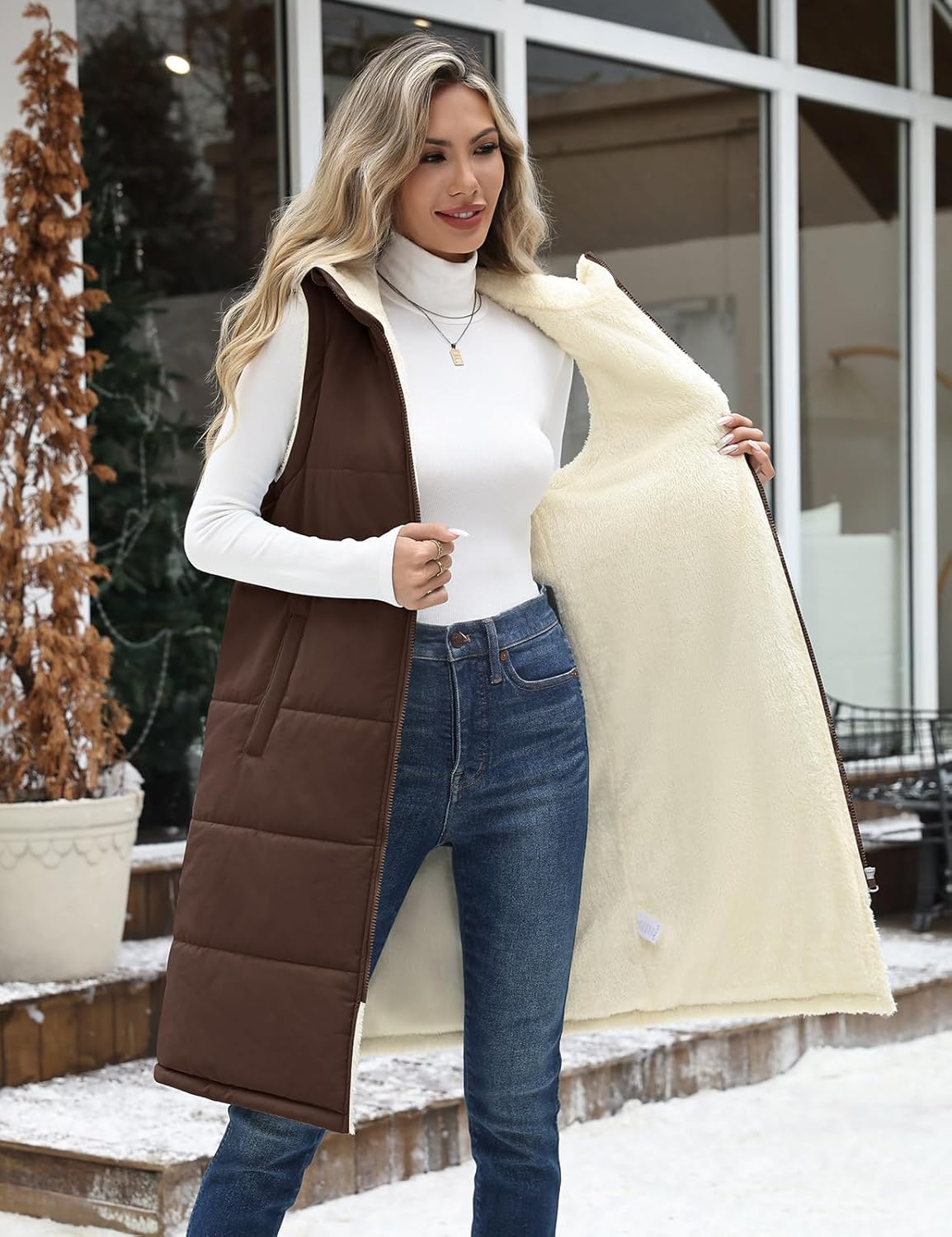 Womens Long Fleece Vest Sleeveless Zip Vest Sherpa Quilted Jacket Trendy Warm Fall Winter Coat Outerwear 2025 - Image 3